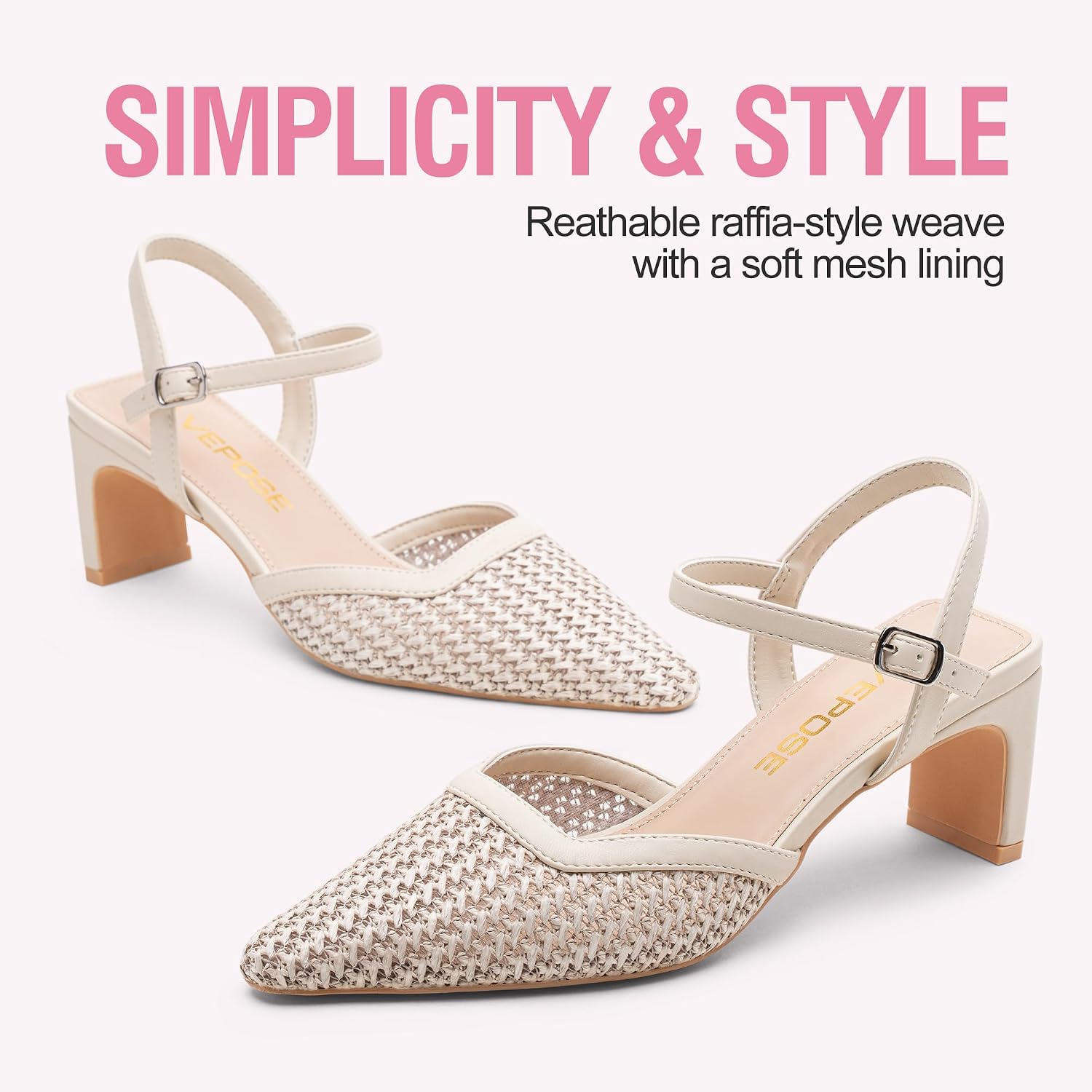 Vepose Women's Dressy Woven Raffia Pumps, Pointed Toe Ankle Strap Heels | Closed Toe Block Chunky 3 Inch Short Heel, Casual Comfy Wedding, Office Work, Party Styling Business Mesh Shoes