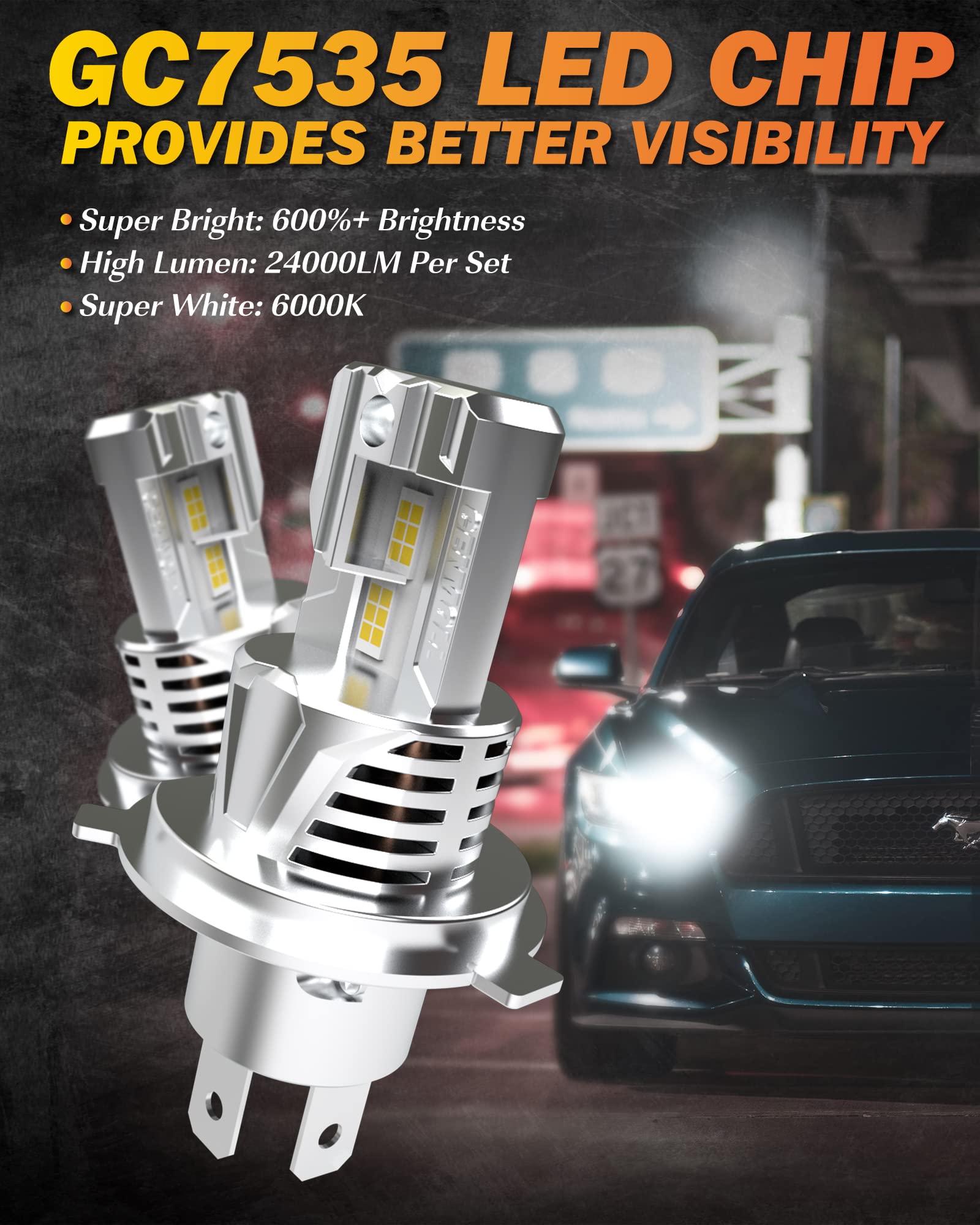 Lampadine H4 Led Auto, 120W 24000LM 6000K Bianco Freddo 600% Luminosità Canbus Senza Errori All-in-One Design Kit di Conversione di Sostituzione Alogena Xenon, Confezione da 2
