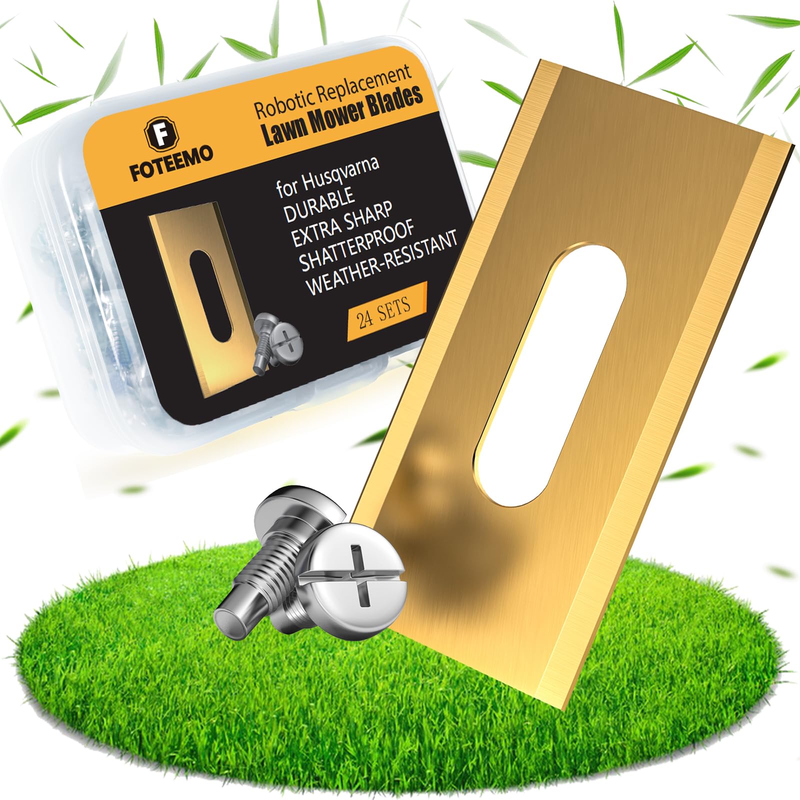 FOTEEMO Robot Mower Blades Compatible with Husqvarna, Titanium Coated Lawn Mower Robot Blade Compatible with Gardena, Navimow, Robotic Lawnmower Replacement Blades, 24Pcs