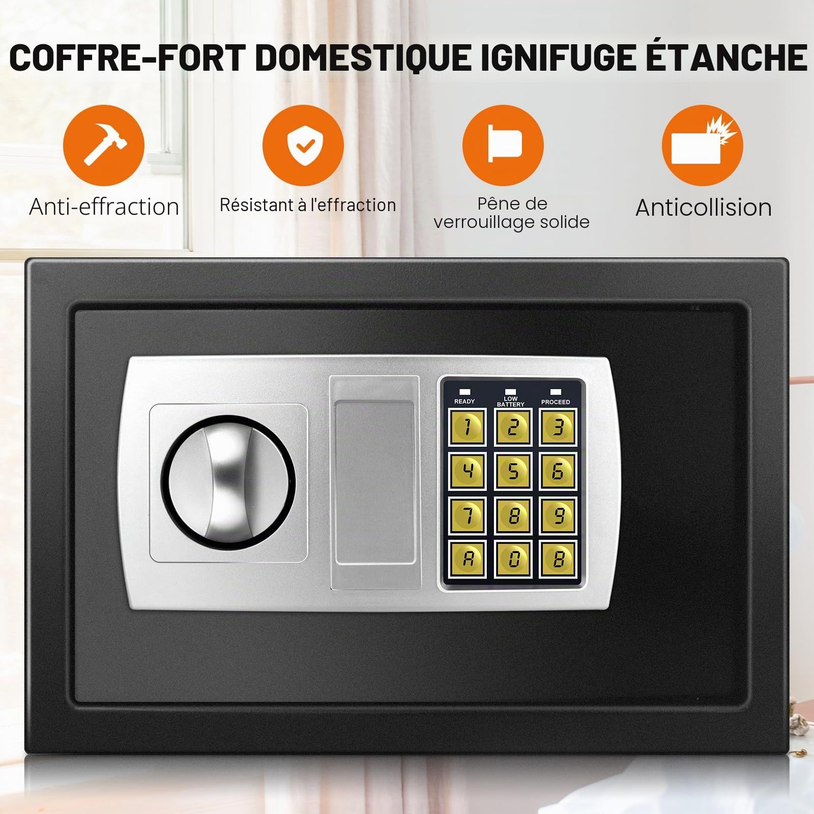 Coffre-fort électronique ignifuge étanche en acier pour la maison, le bureau, 8,5 L, noir