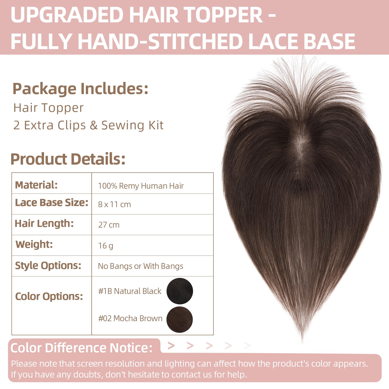 Silk-co Hair Topper Echthaar mit Pony, 8x11cm handgebunden Basis Toupet Damen, Clip in Haarteile mit Spitzen-Seidenbasis, 16g