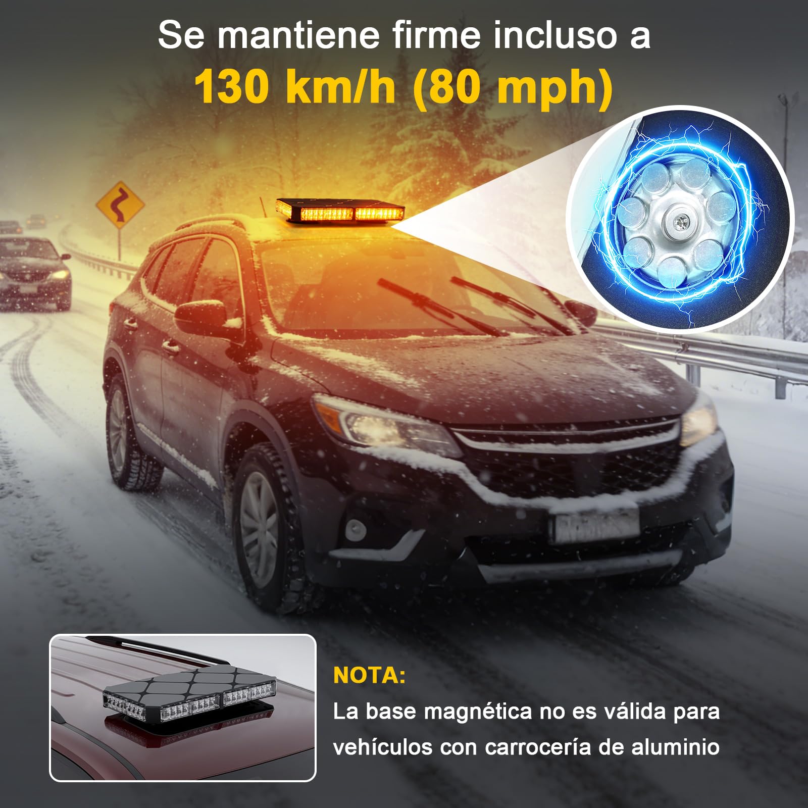 Rotativo LED Magnético 12V 24V – 48 LEDs Luz de Emergencia Coche Ámbar con 16 Modos de Destello, IP67 & Cable 4,8m para Tractor, Camión, Carretilla Elevadora, Coche, Remolque, Autocaravana