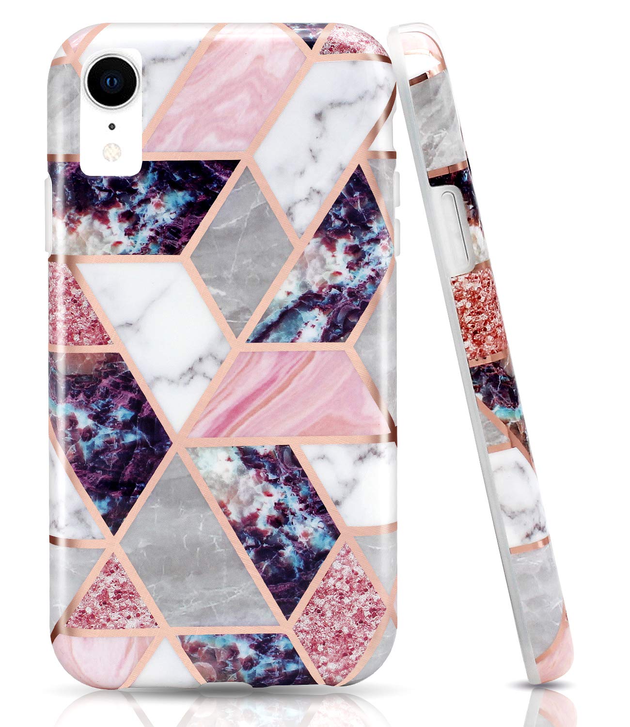 WALAGO Bling Glitter Sparkle Shiny Rose Gold Marble Geometric Case Slim Soft TPU Rubber Bumper Silicone Protective Phone Case Cover Compatible with iPhone XR [6.1 inch]