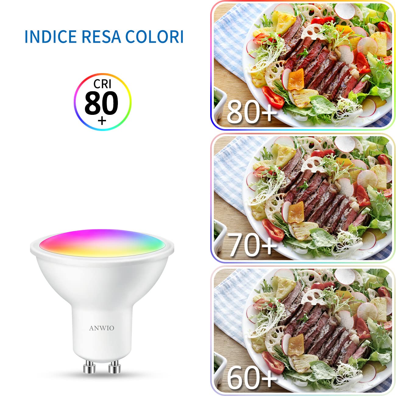 ANWIO Lampadina Alexa, Lampadina Smartx, 5W Equivalenti a 35W, 350LM,Lampada Smart Wifi GU10 con Telecomando Compatibile con Alexa, Echo and Google Assistant, RGB Intelligente Dimmerabile,4 Pcs
