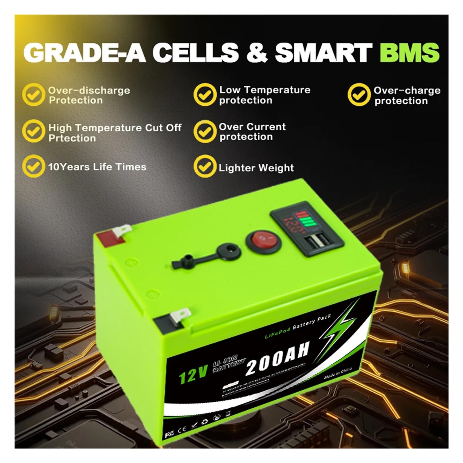 Batteria al litio Batteria al litio ferro fosfato da 12 V 200 Ah con BMS avanzato, perfetta for l'accumulo solareRV, barcaBatteria solare(200A Portable Pow-Ch)
