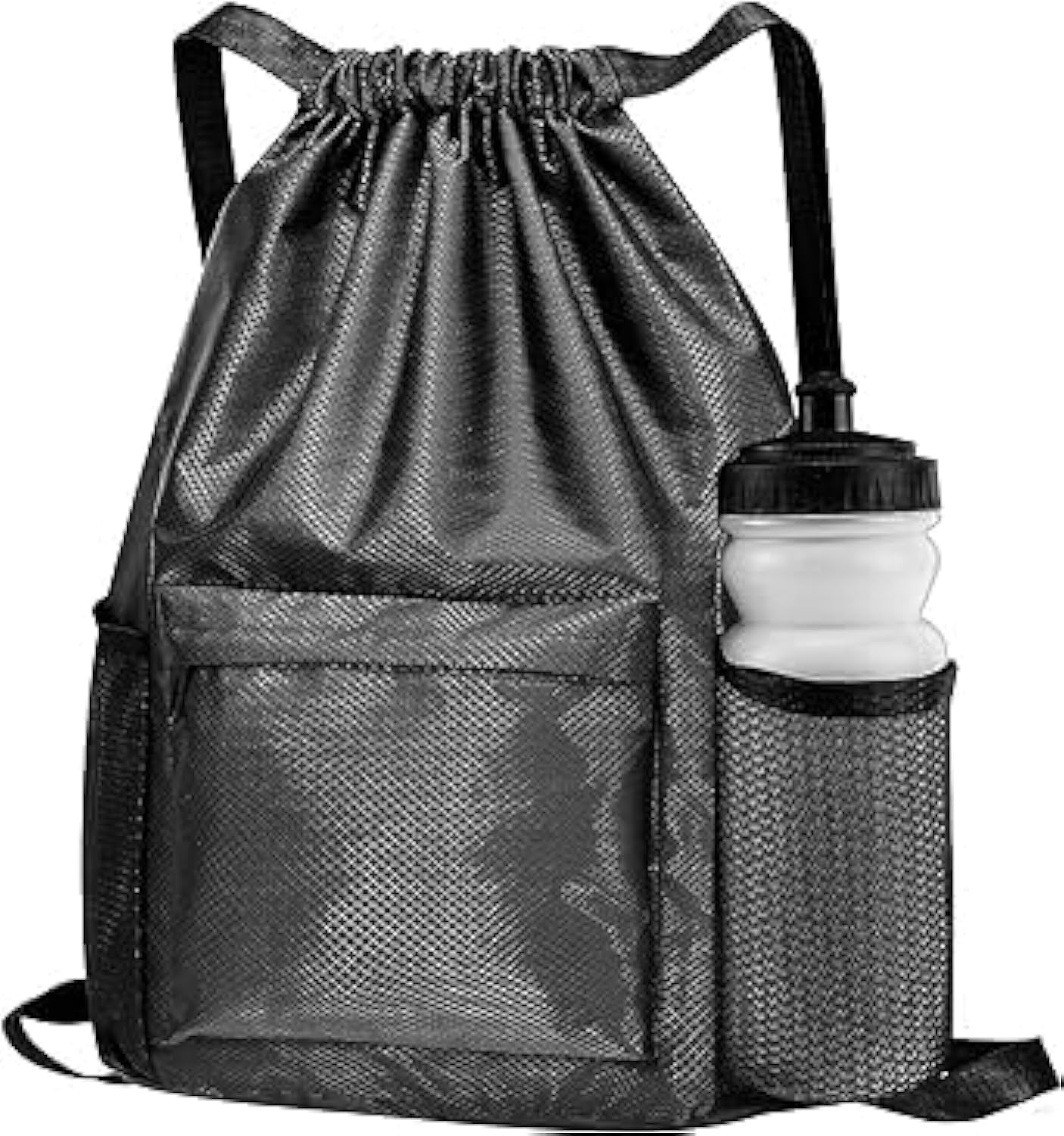 GenericHajj Umrah prayer mat and shoes Pack all Drawstring Backpack Bag, Water-Resistant Sports Lightweight String Bag with Waterproof Zipper Pocket and Water Bottle Holder(Black)