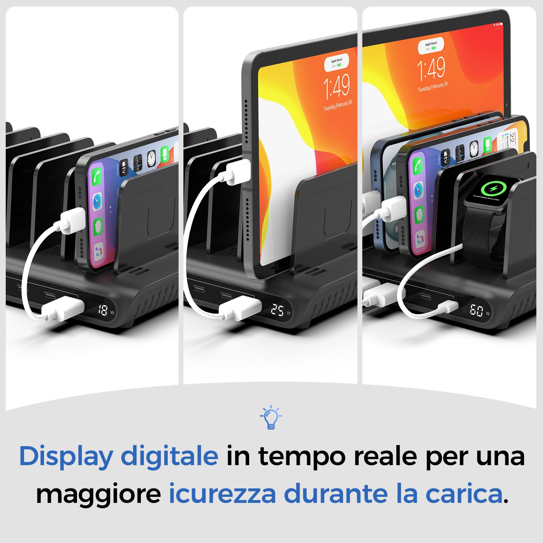 Alxum Stazione di Ricarica USB 10 Porte 60W, Multi Caricatore USB con Display LED, 8×USB-C e 2×USB-A, Smart Charging Station per iPhone, iPad, Phone, Tablet, Android, Ideale per Casa, Ufficio e Scuole