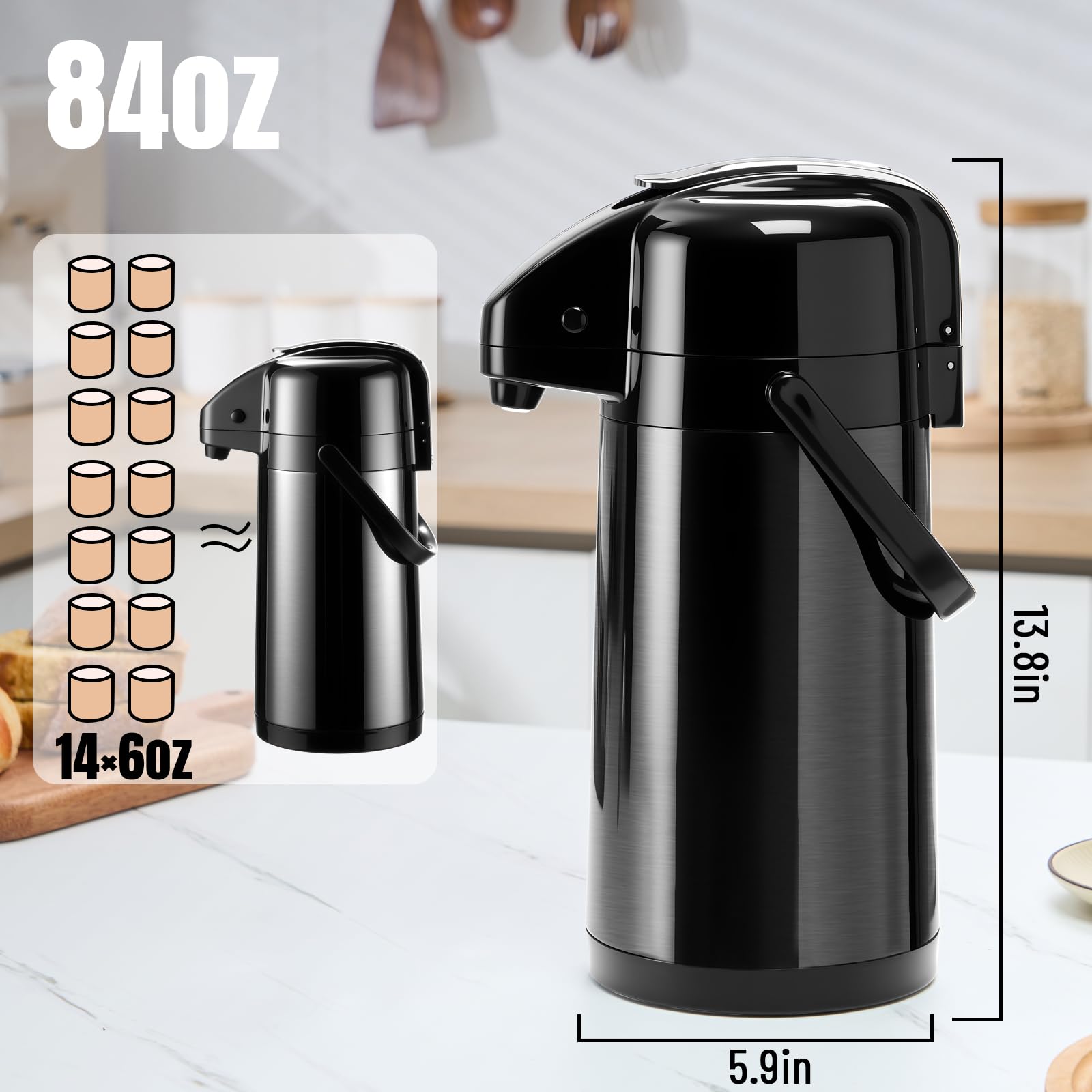 PARACITY Jarra de café Airpot mejorada con doble bomba de 84 onzas/2.5 L, dispensador de bebidas de acero inoxidable para bebidas calientes/frías con base Lazy Susan, café Termos para café negro
