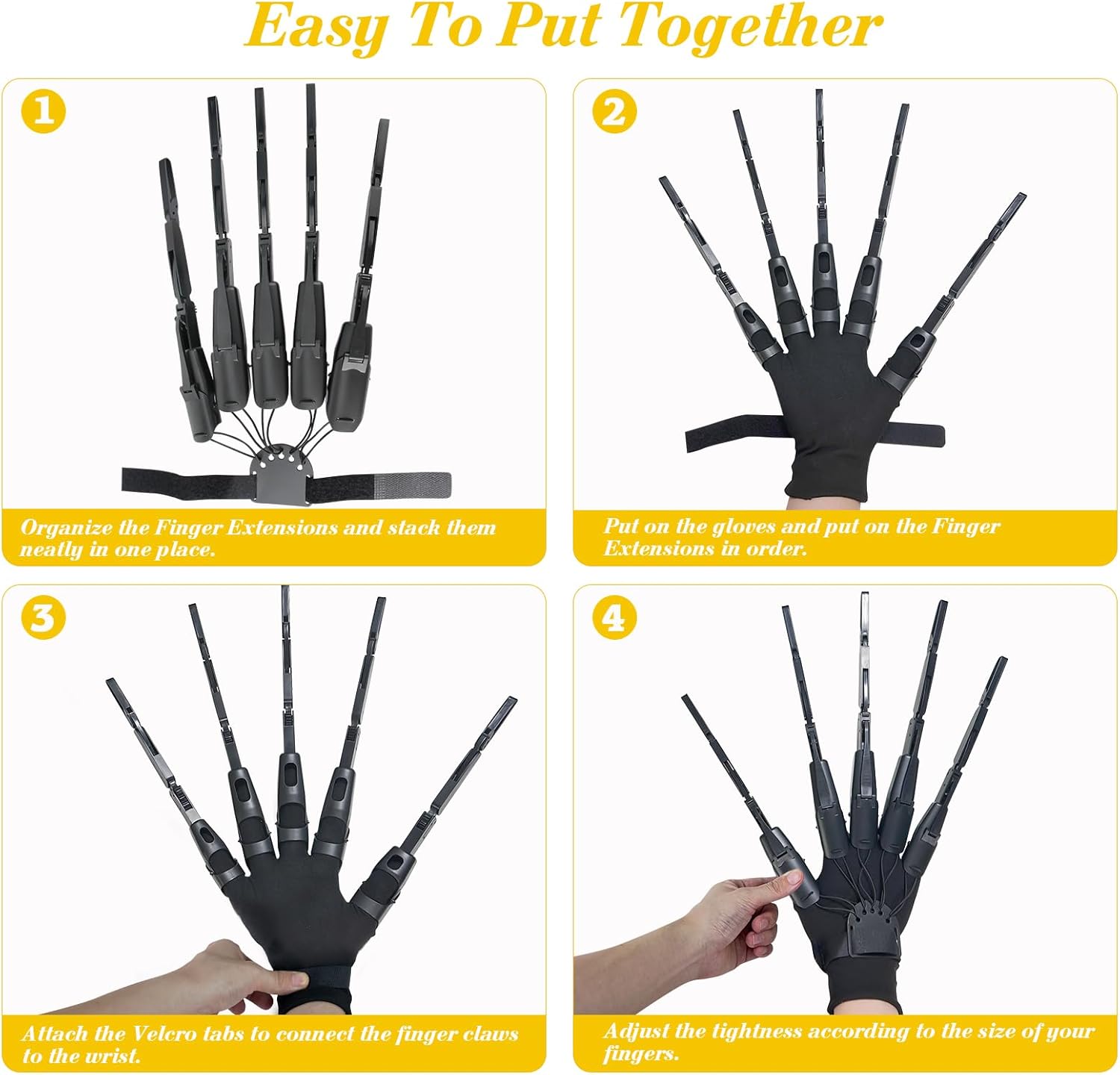 Articulated Fingers, Halloween Articulated Finger Extensions with Gloves, 3D Claw Hands Scary Skeleton Hands for Cosplay, Flexible Realistic Halloween Decoration Accessory Fits Most Finger Sizes-Black