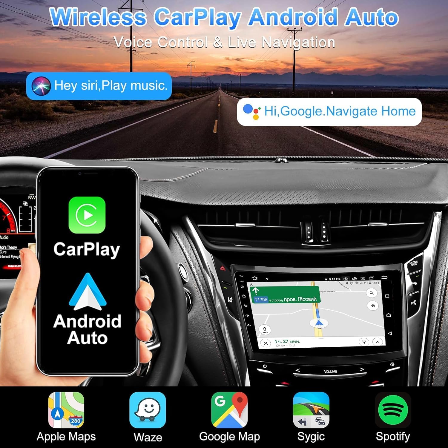 Alikali car stereo screen showing Wireless CarPlay and Android Auto interfaces with navigation and voice control icons.