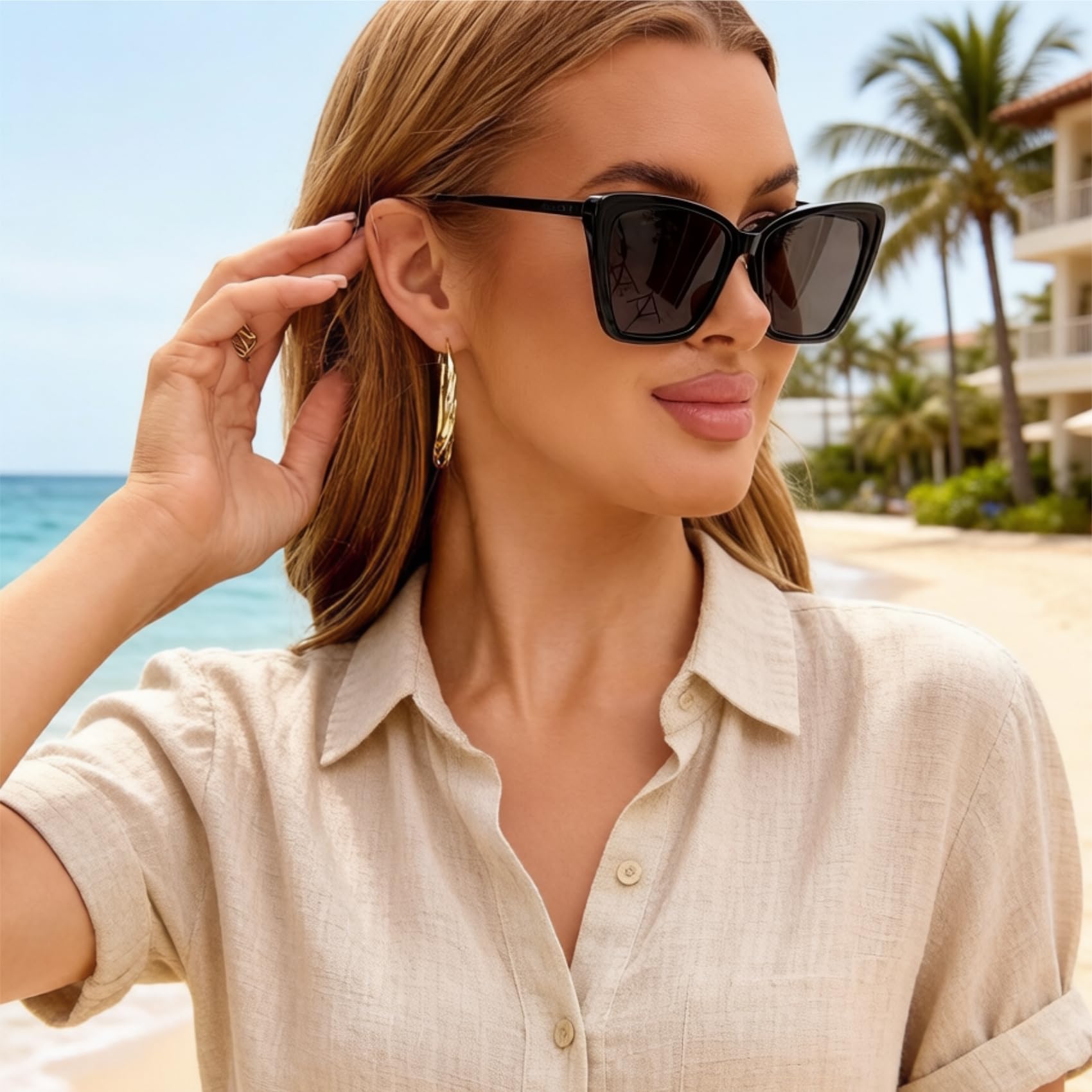 GMKATEYE Occhiali da sole da donna in stile retrò oversize con occhio di gatto, protezione UV 400, grande montatura in acetato e aste in lega di acciaio, occhiali da sole neri vintage alla moda