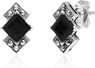 USA 925 Sterling Silver 5x5mm Square Cut Black Onyx and Marcasite Art Deco Stud Earrings