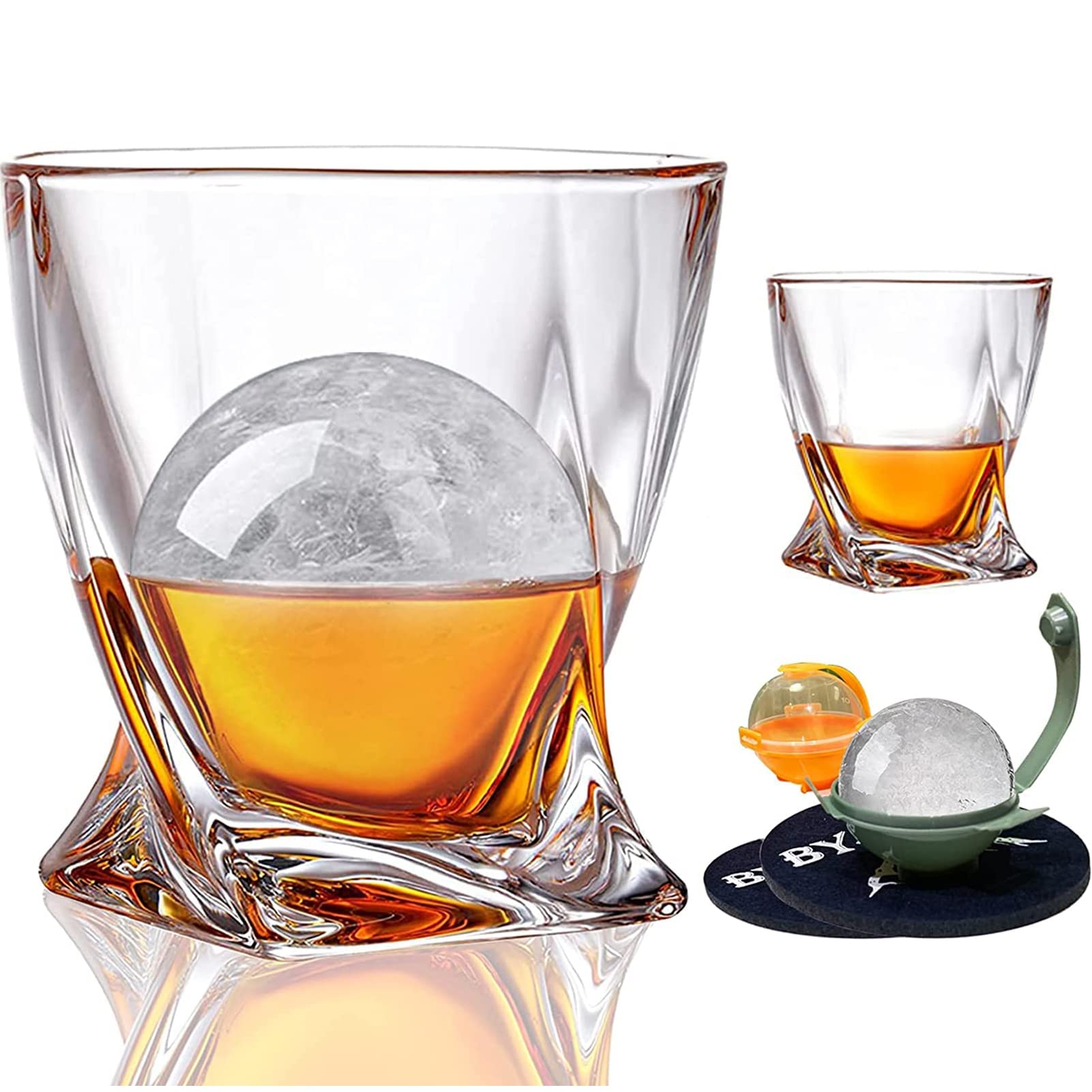 Dashing Whiskey Glass Set Of 2 Round Ice Molds Gift Box Pair 10 oz. Bar Ball Cup