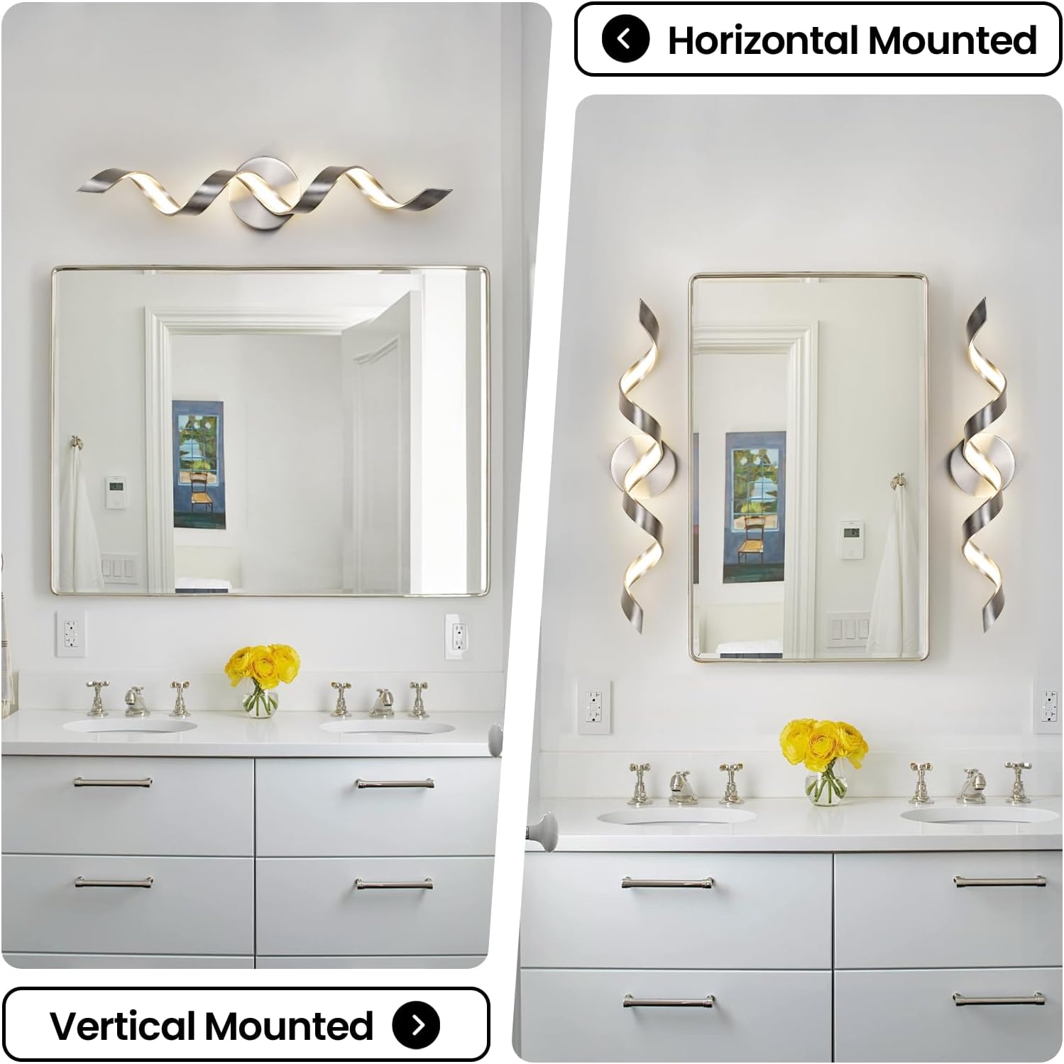 LED Modern Bathroom Vanity Light Fixtures, 24 inch Brushed Nickel Wall Lamp Bedroom 4000K, Spiral Design Wall Sconce for Mirror, Living Room, Bedroom, Hallway 15W