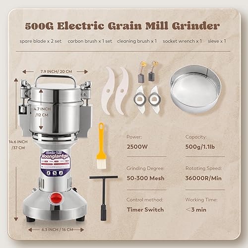 Miniatura 7 de Moongiantgo - Molinillo de Grano Eléctrico 500g Molinillo de Especias Comercial 2500W Pulverizador de Acero Inoxidable Molinillo de Grano para Seco