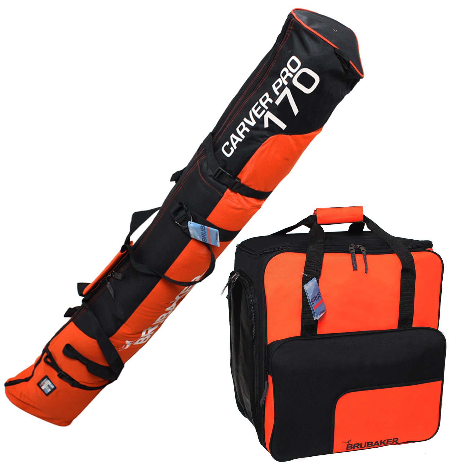 Brubaker Conjunto de Bolsa para esquíes y Bolsa para Botas de esquí para 1 par de esquís hasta 170 cm + Polos + Zapatos + Casco, Negro y Naranja