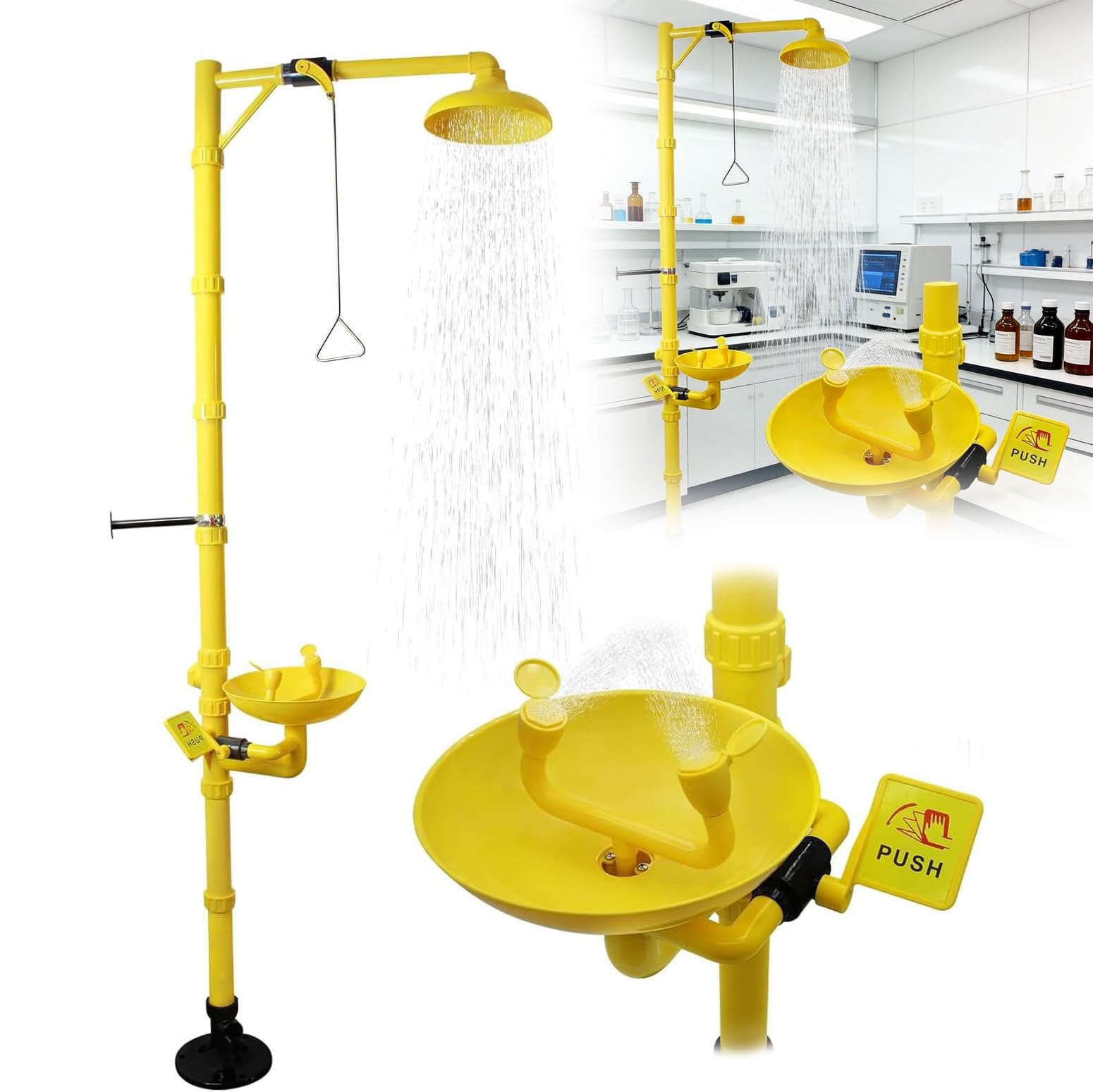 Estación de Ducha y lavaojos de Emergencia, Ducha de Seguridad combinada con Doble Chorro, Varilla Triangular, Pedal, Placa de Empuje, para hospitales, Laboratorios y Plantas químicas.