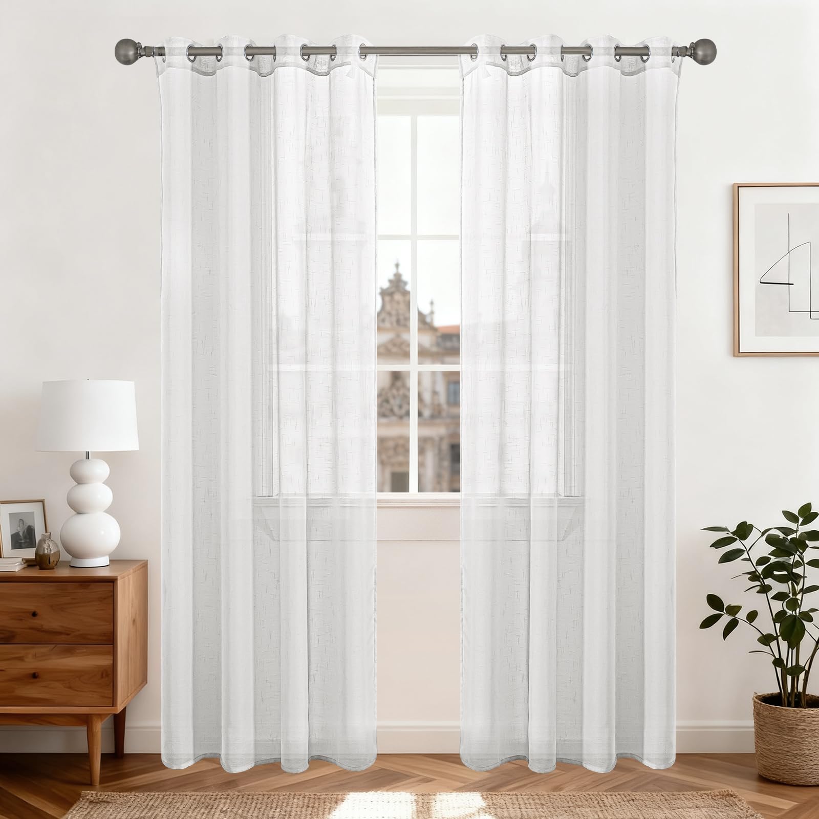 Voilage lin effet blanc 140x280 cm rideau transparent oeillets lot de 2