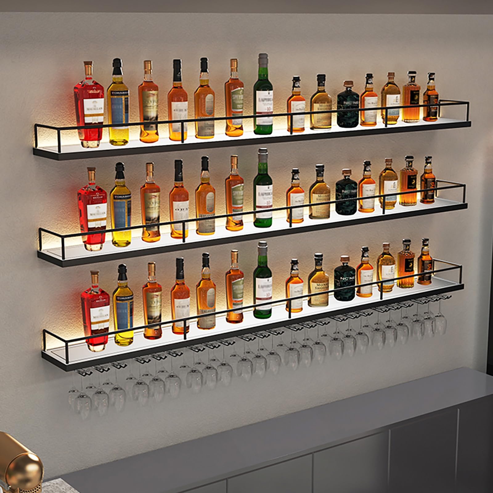Portabottiglie da parete con illuminazione a LED, mensola in metallo per liquori da 150 cm, supporto galleggiante per cucina, sala da pranzo e bar, design nero (senza gancio)