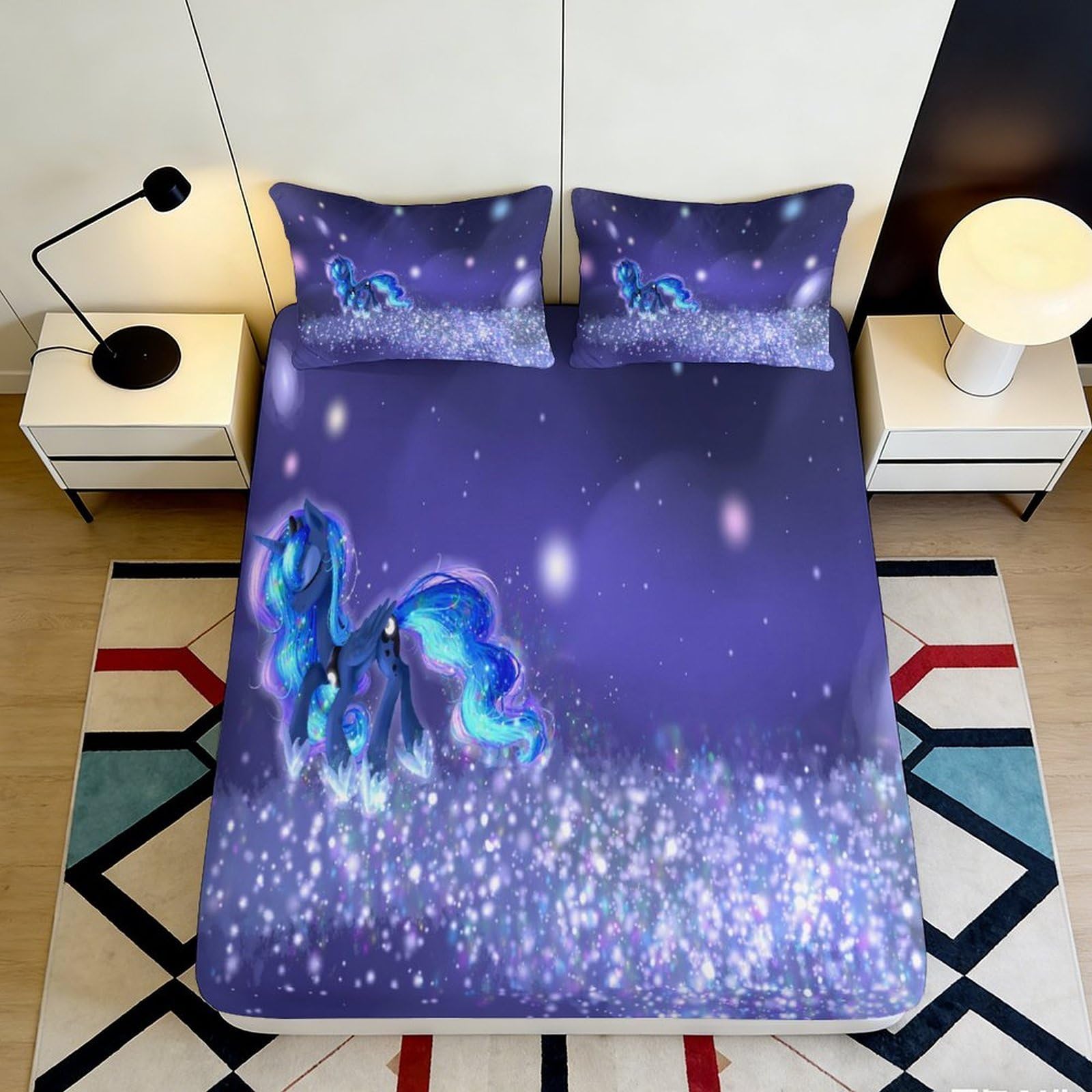 3D Printed Dreamy Blue Horse Fitted Sheet Microfiber Deep Pocket Bedroom Bedding Dreamlike Horse Mattress Fitted Cover Adult Washable 200x200x25cm