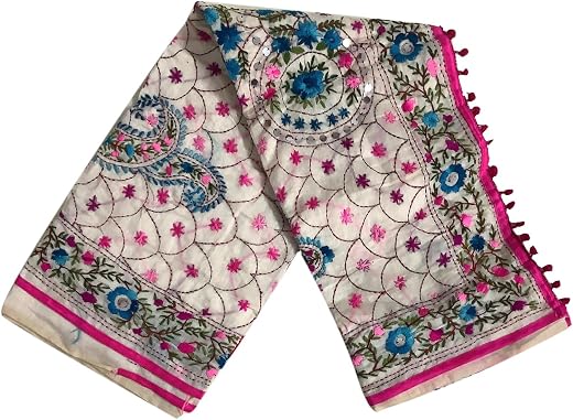 Warm Worth Handcrafted Kantha Embroidered Silk Saree, Floral Design With Blouse Piece