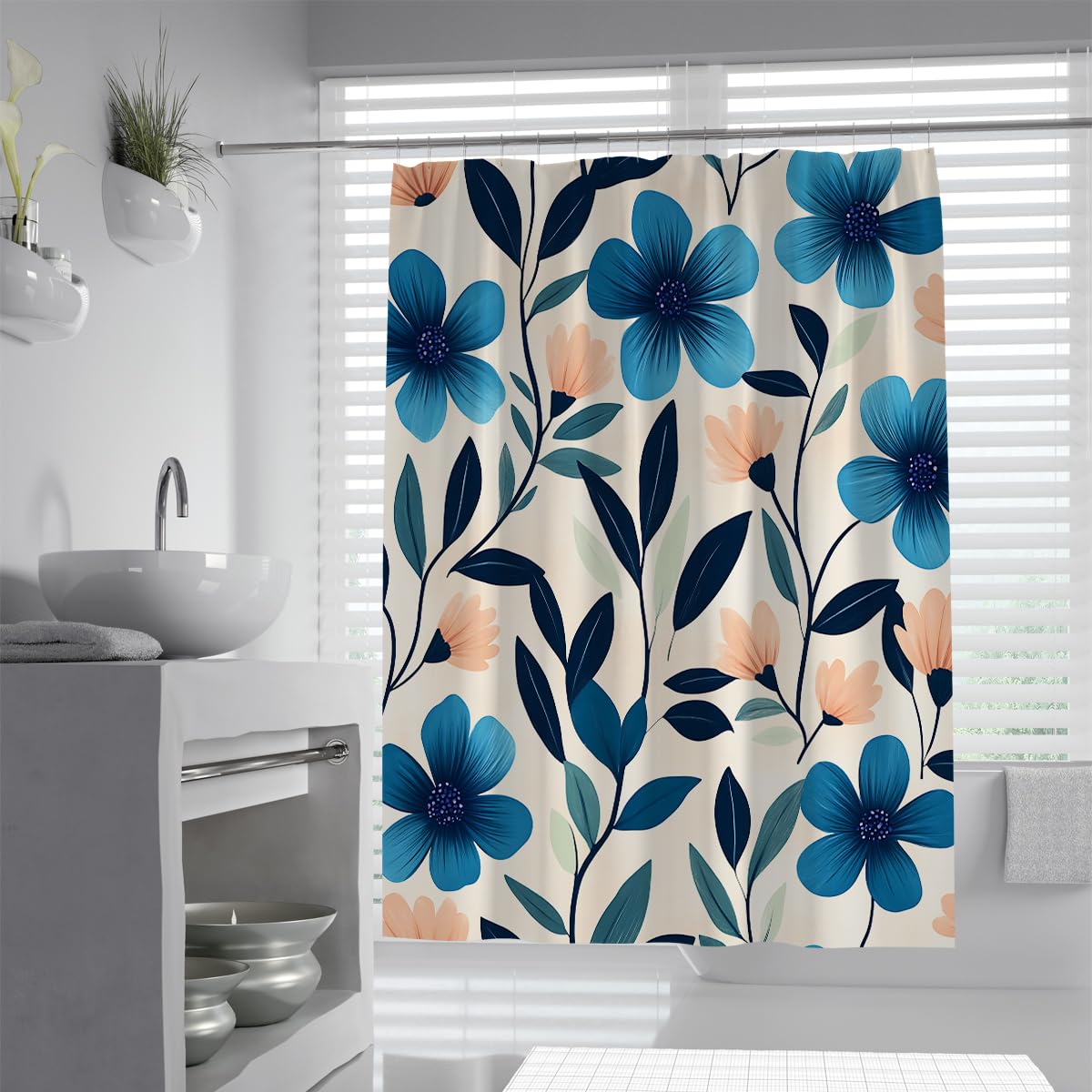 UIRINGART Teal Blue Floral Shower Curtain W90xL180cm Modern Botanical Print Waterproof Polyester Mildew Resistant Quick Dry Bathroom Decor with Hooks