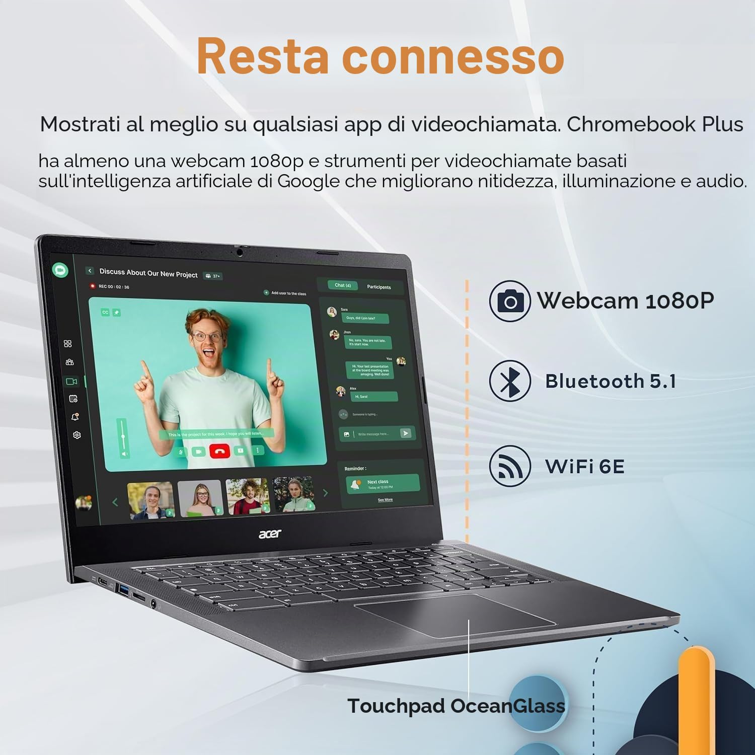 acer Chromebook Plus 514 Laptop con Google AI, Intel 8-Core i3-N305, 8 GB LPDDR5, 512 GB SSD, 14" FHD 1920 x 1080 IPS Touch Screen, Wi-Fi 6E, webcam 1080p, Chrome OS, webcam 1080p, lunga durata della
