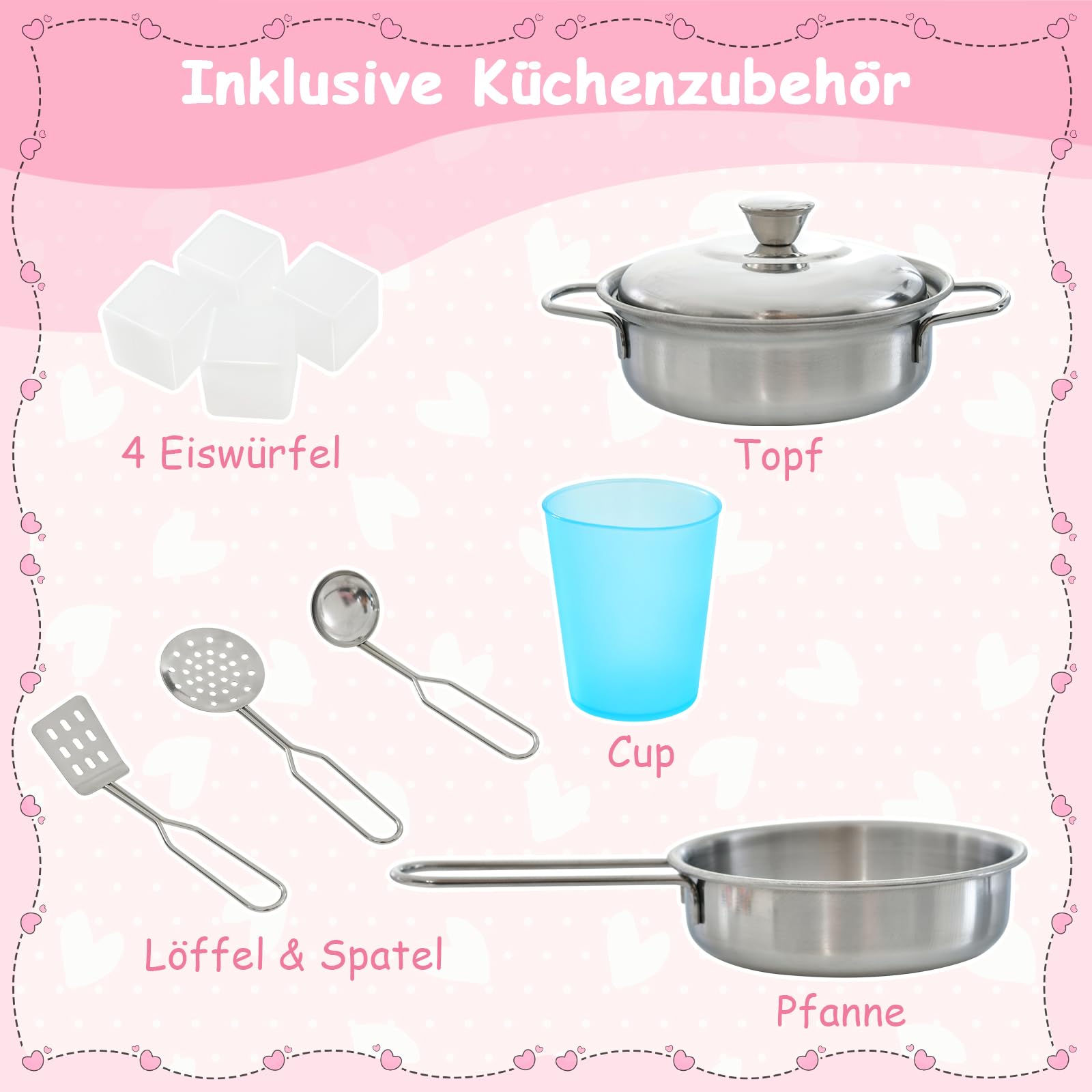 GOPLUS Kinderküche aus Holz, Kinderspielküche mit Mikrowellen, Backofen, Wasserbecken, Kreidetafel & Eismaschine, Stabiler Spielküche mit Spielzubehör, für Kinder 3-6 Jahre (Rosa)