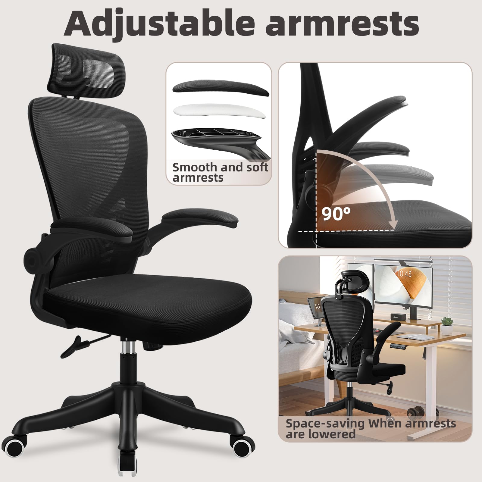 Chaise de Bureau, Chaise Ergonomique en Résille avec Soutien Lombaire et Appui-Tête Réglable, Coussin D'Assise Généreux, Adaptée au Bureau et à La Maison