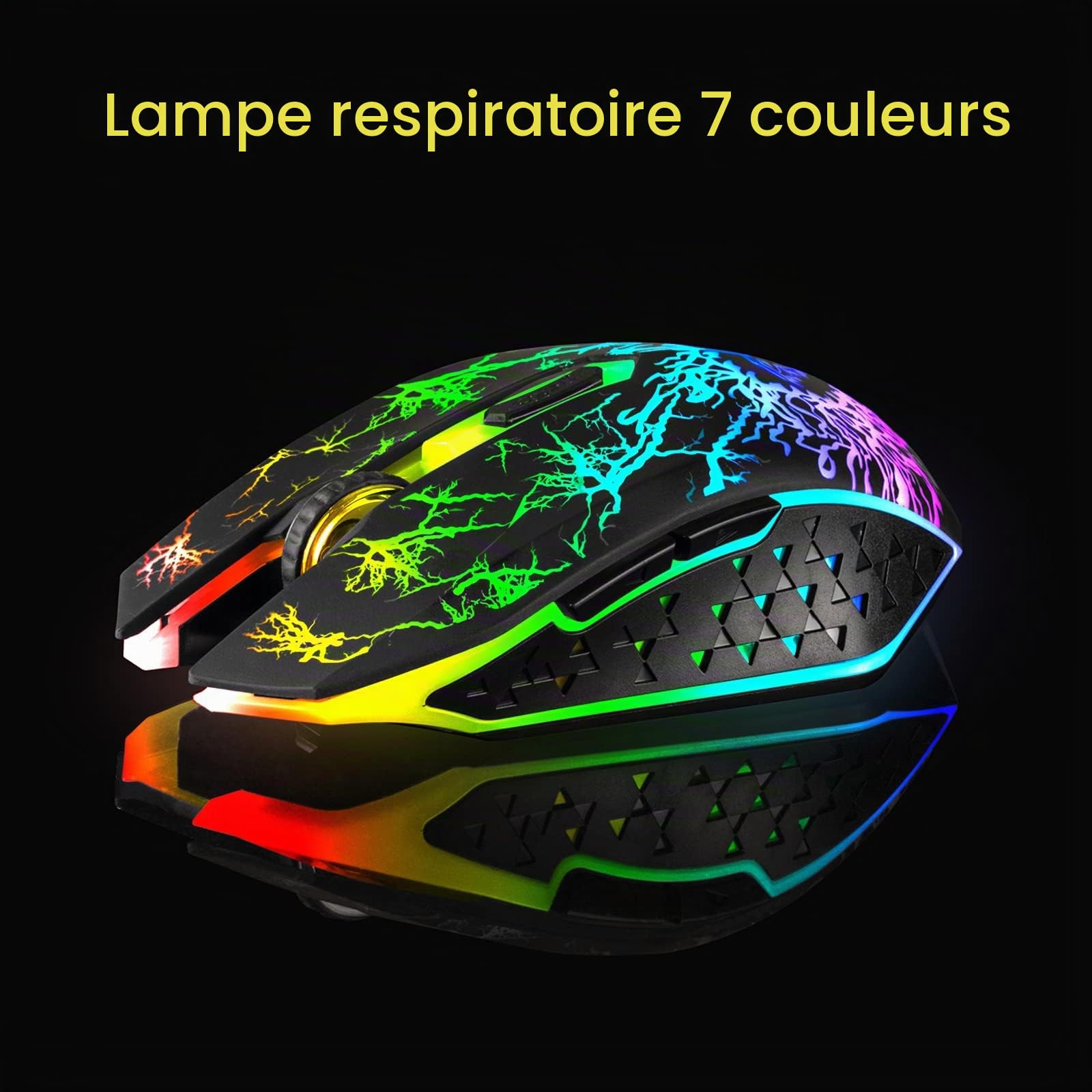 VEGCOO Souris de Jeu sans Fil, Souris de Jeu Rechargeable, Souris Optique silencieuse avec récepteur USB 2,4 G, 3 Niveaux DPI, 7 Boutons, lumières LED 7 Couleurs pour PC/Mac Gamer