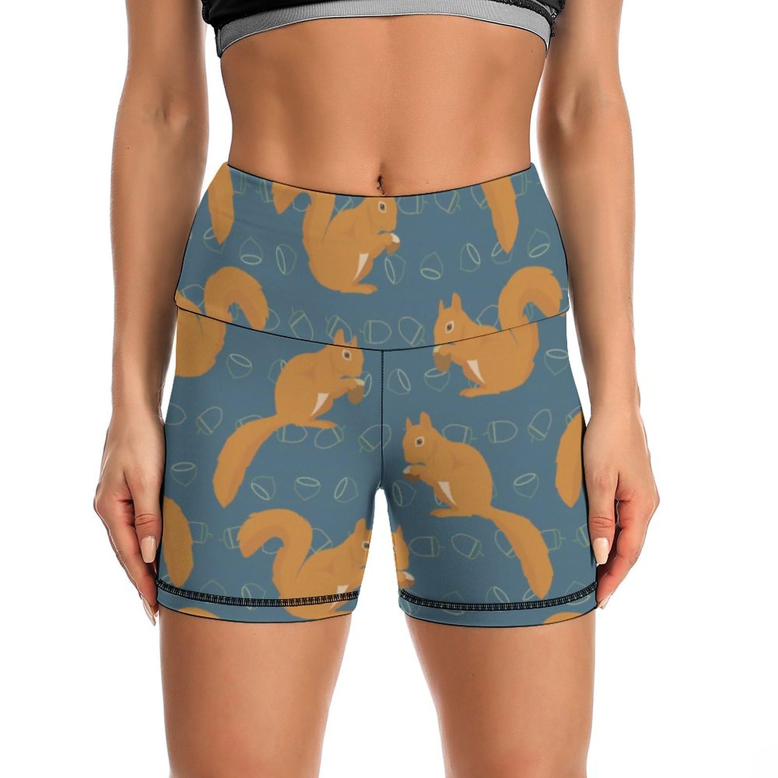 Cute Squirrel Animal Pattern High Waist Yoga Shorts for Women Athletic Shorts Leggings Running Pants Black