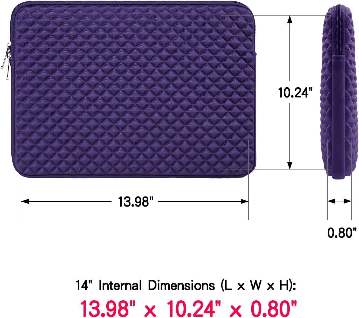 RAINYEAR 14 Inch Laptop Sleeve Diamond Foam Shock Resistant Neoprene Padded Case Fluffy Lining Zipper Cover Bag Compatible with 14" Notebook Computer Chromebook Tablet Ultrabook (Purple) - Image 5