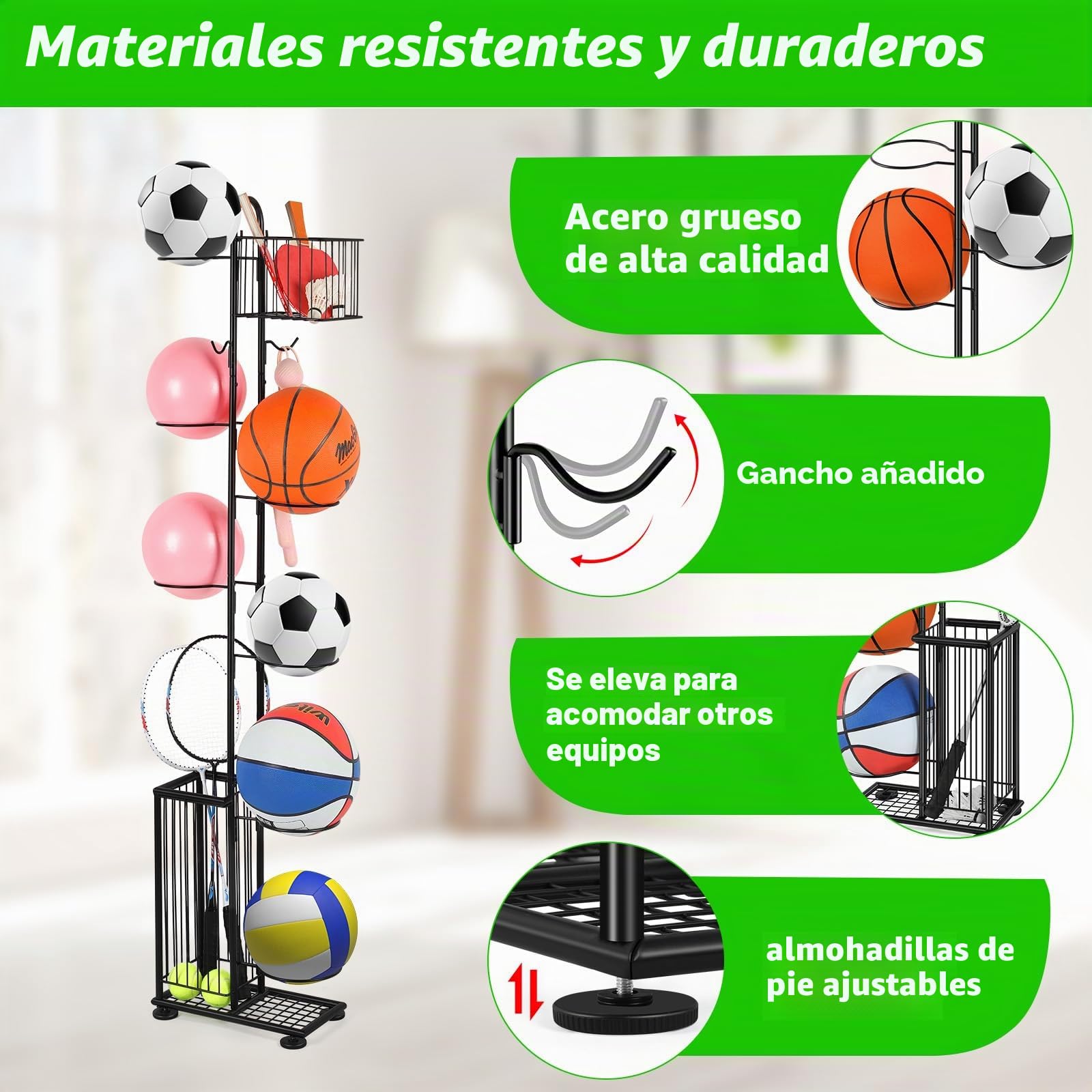 Soporte para bolas 7 niveles, estantería de almacenamiento vertical para baloncesto, fútbol, rugby, voleibol, fútbol (Negro)