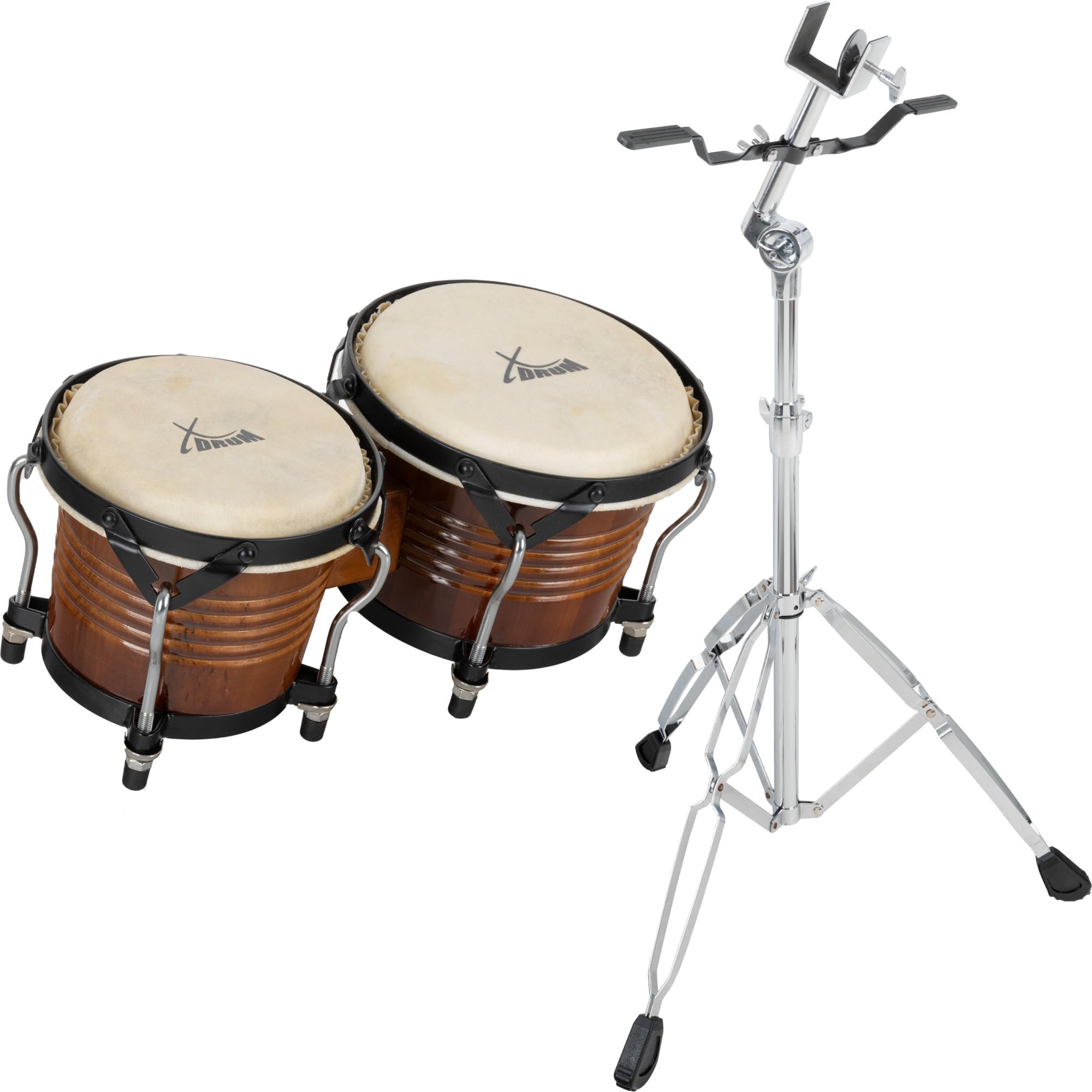 XDrum Bongos Pro Tobacco - 2 Tamburi con diametro 6,5" (17 cm) e 7,5" (20 cm) - Bonghi con pelli naturali accordabili, chiave di accordatura e supporto - Tamburi in legno marrone