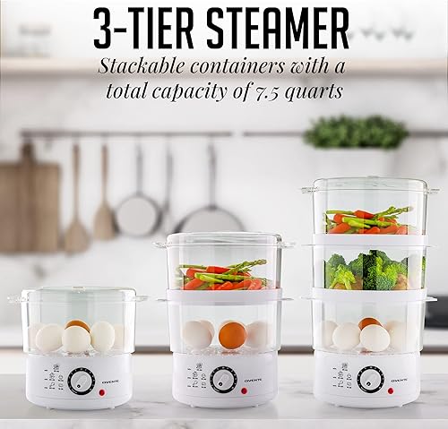 Miniatura 2 de OVENTE Vaporizador eléctrico de 2 niveles para cocinar verduras, base de acero inoxidable, cestas apilables y aptas para lavavajillas, 400 W con