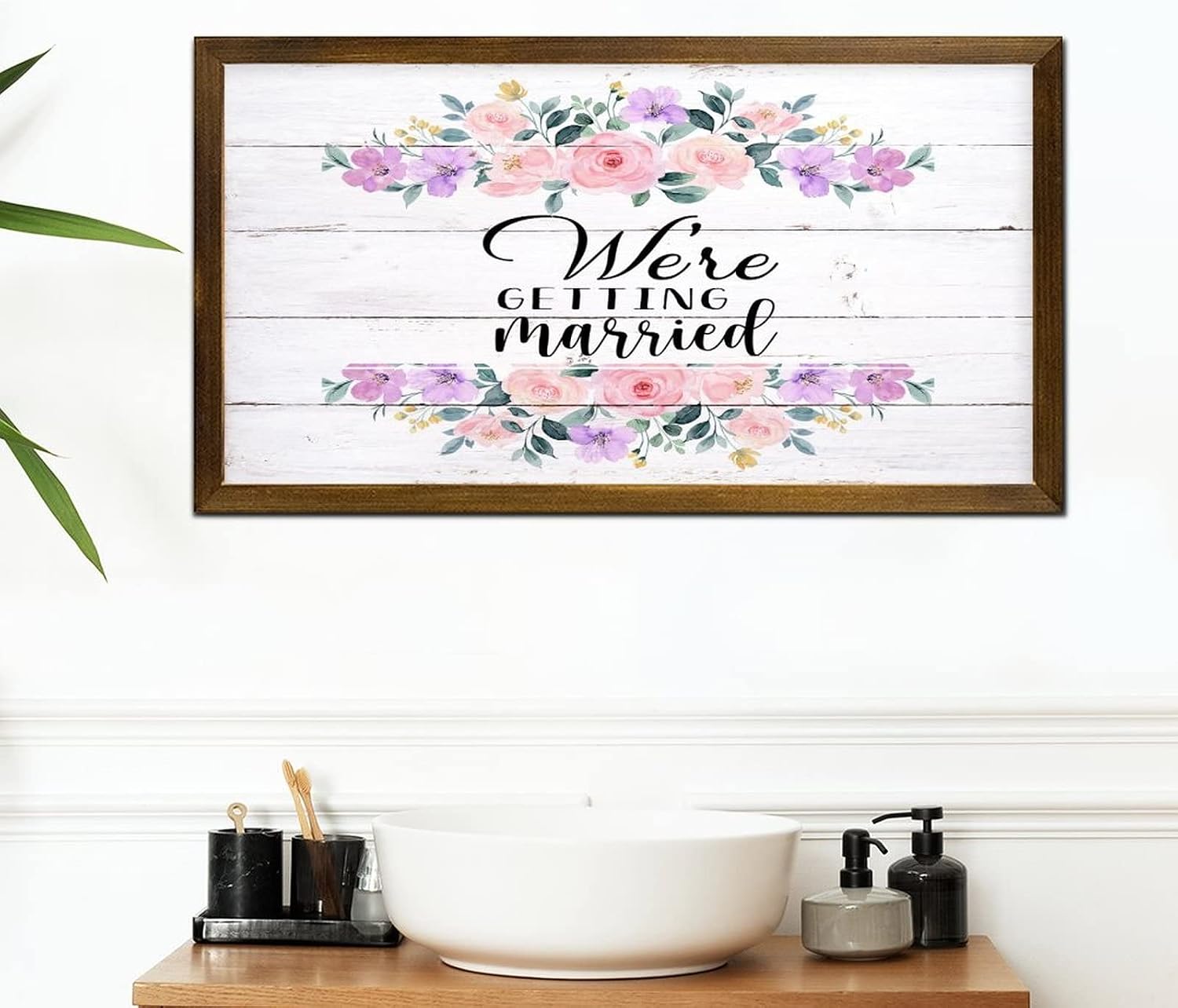 We're Getting Married Wooden Framed Signs Spring Flower Wreath Wood Plaque Sign Classic Botanical Artwork Wall Decor Farmhouse Rustic Wooden for Kitchen Living Room Bedroom Home 12x22 Inch