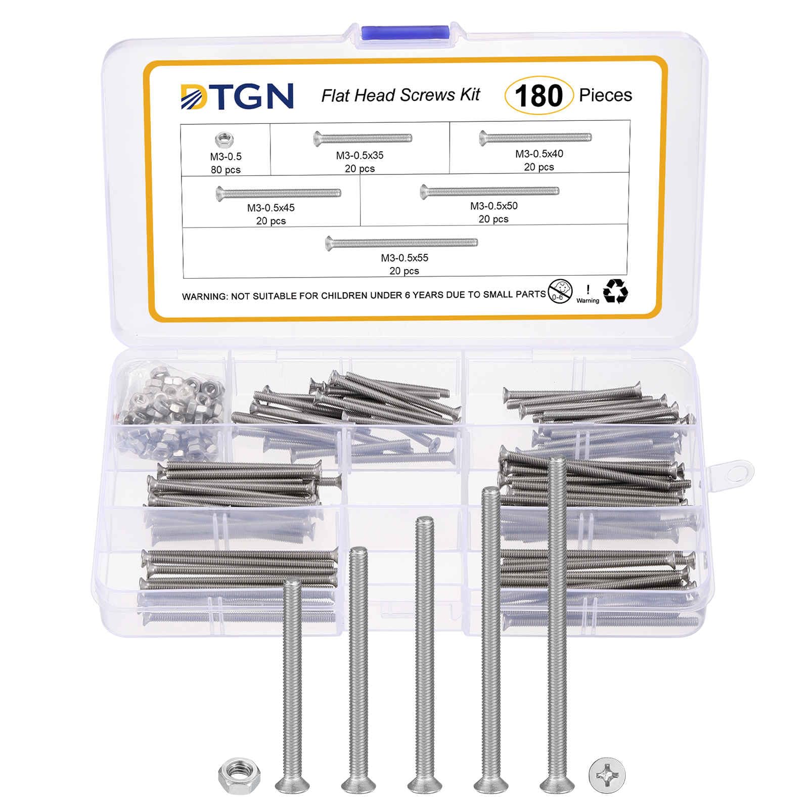 DTGN M3-0.5x35/40/45/50/55 Flat Head Nuts and Bolts Assortment Kit - 180pcs - Good for Electronics and Machinery - 304 Stainless Steel Phillips Countersunk Machine Screws Set - Silver