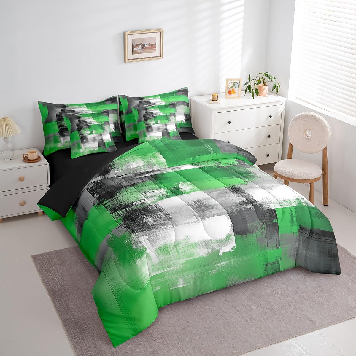 Green Grey Bed in a Bag Abstract 7 Piece Bedding Set Girls Teens Room Decor Geometric Comforter Set Flat Sheet, Fitted Sheet, Pillowcases & Pillow Covers Queen Size Geometry Modern Art Soft Microfiber