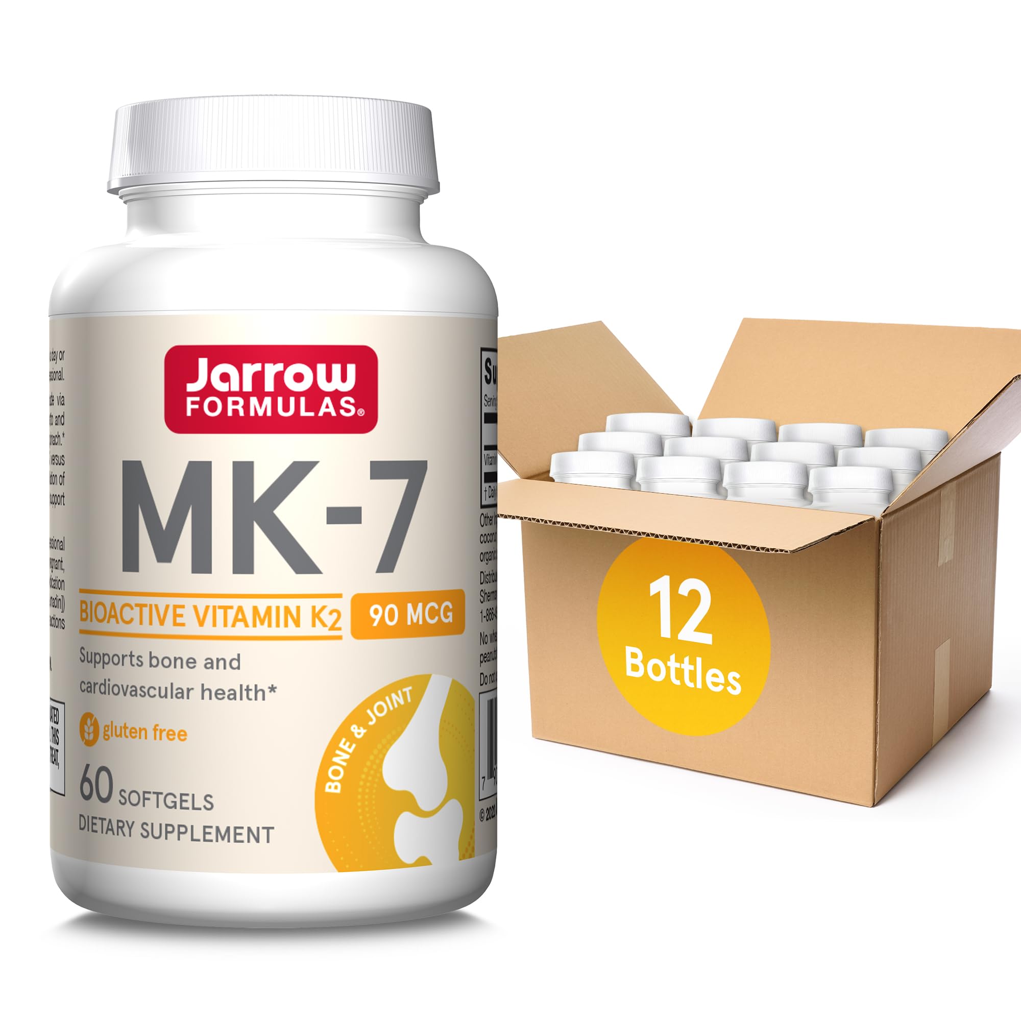 Jarrow Formulas MK-7 90mcg-Bioactive Form of VIT K2-60 Servings(Softgels)-for Bone & CV Health-VIT K2 MK-7 Dietary Supp-K2 VIT Supp MK-7-Gluten Free,12 Pack