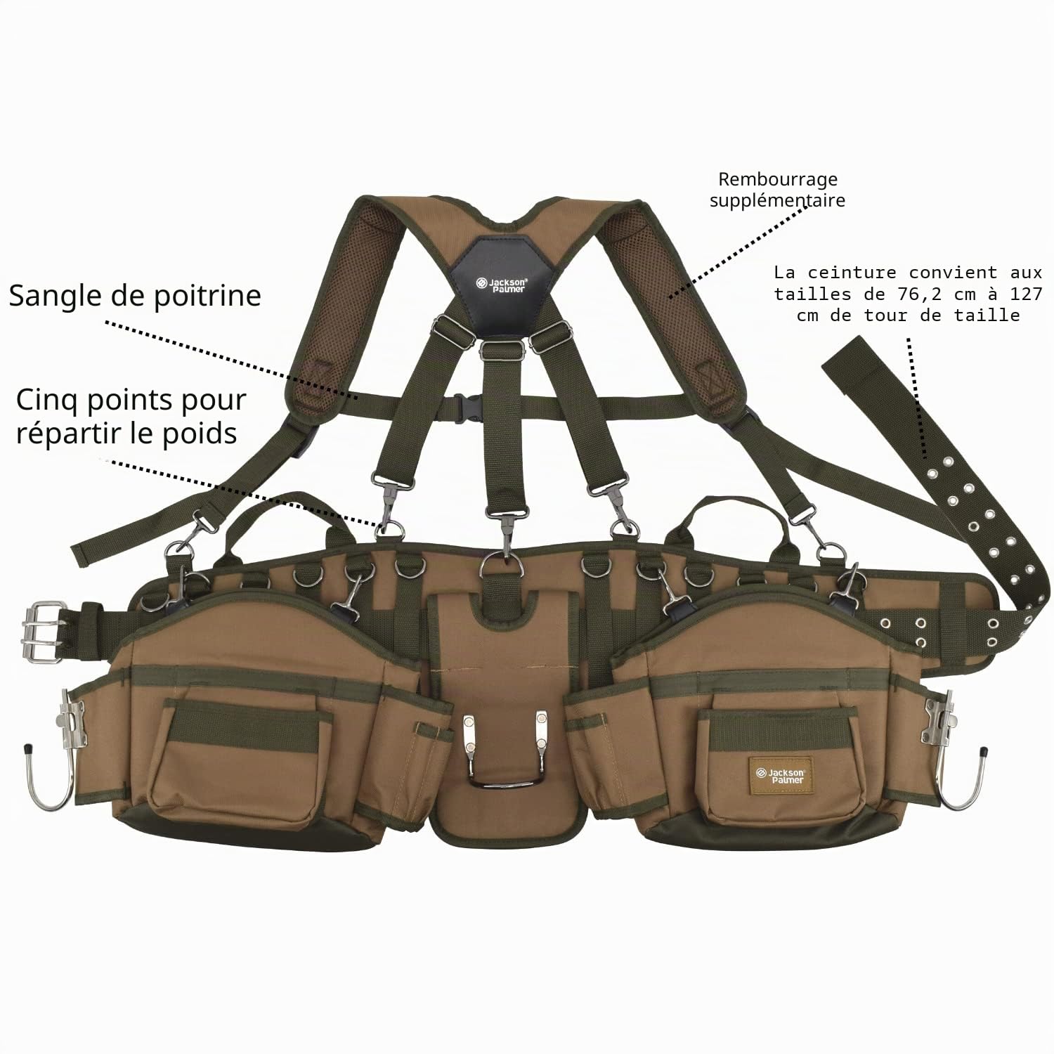 Jackson Palmer Ceinture à outils professionnelle Comfort-Rig avec bretelles réglables (poches amovibles et 2 crochets électriques) – Marron clair et vert