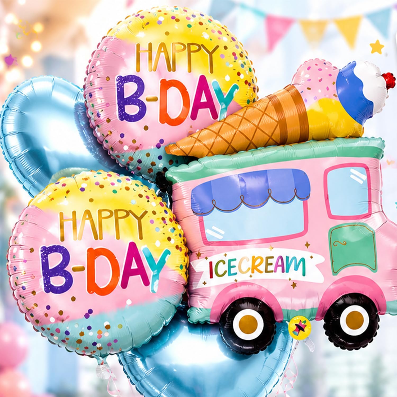 Atpata Funky Ice Cream Truck Icecream Van Shape Pastel Foil Balloons Combo (Set of 5pcs.) - Perfect for unisex Summer or Ice Cream Theme Parties