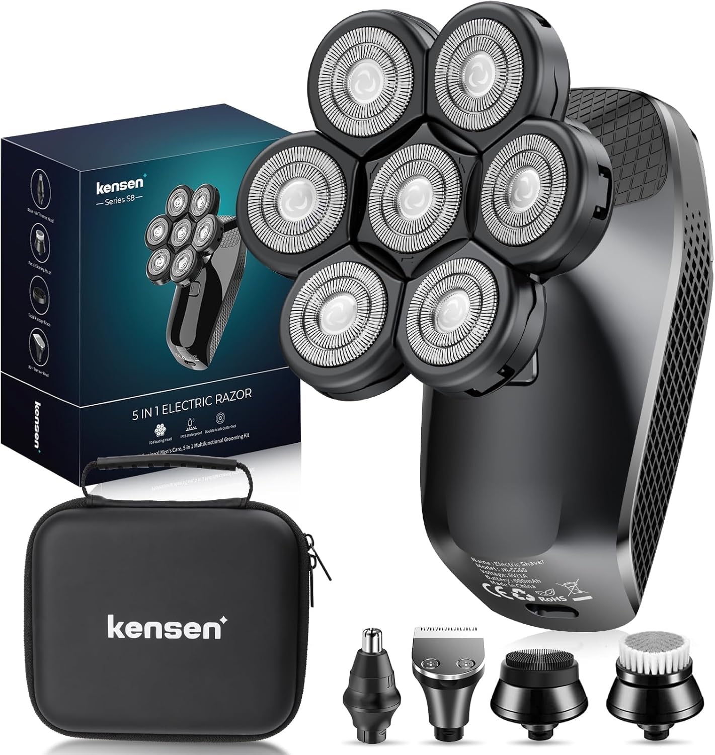 Kensen 7d head shaver, 5 in 1 bald head shavers for men, head electric razor with nose hair sideburns trimmer, waterproof wet/dry mens grooming kit, led display, usb rechargeable (Head Shaver)