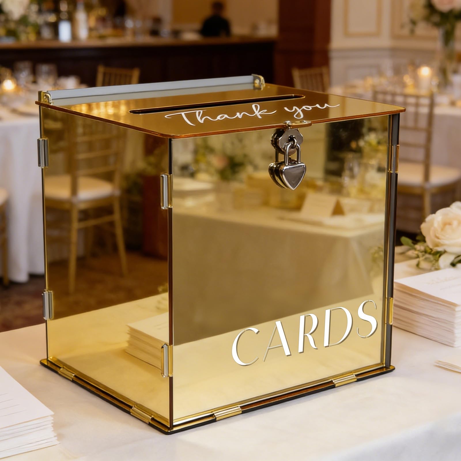 Scatola di carte in acrilico a specchio oro metallizzato con serratura e fessura, eleganti scatole per biglietti di nozze per ricevimenti, buste regalo dorate fai da te per feste, anniversari