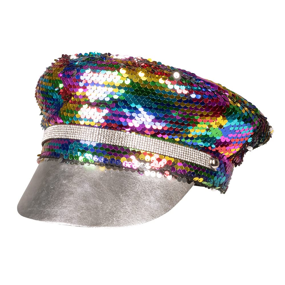 Boland 44759 - Regenbogen-Mütze mit Wende-Pailletten, Silber oder Mehrfarbig, für Erwachsene, Kopfbedeckung, Hut, CSD, Karneval, Mottoparty