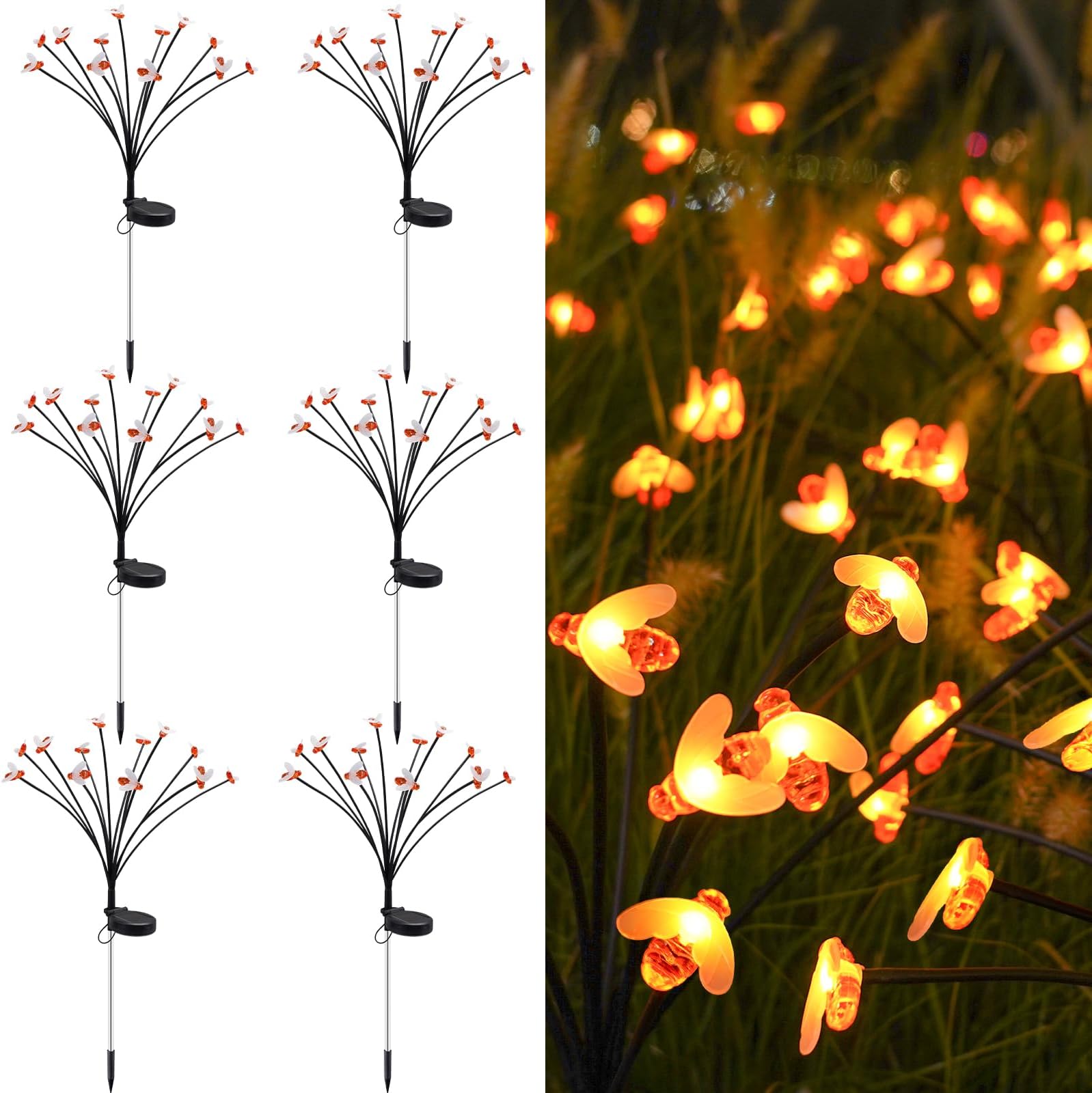 Solar Firefly Lights, 12 Bees Solar Power Lights with 2 Lighting Modes, Waterproof Garden Lights, Sway by Wind, Solar Powered Outdoor Lights for Yard Walkway Decoration, 6-Pack, Warm White