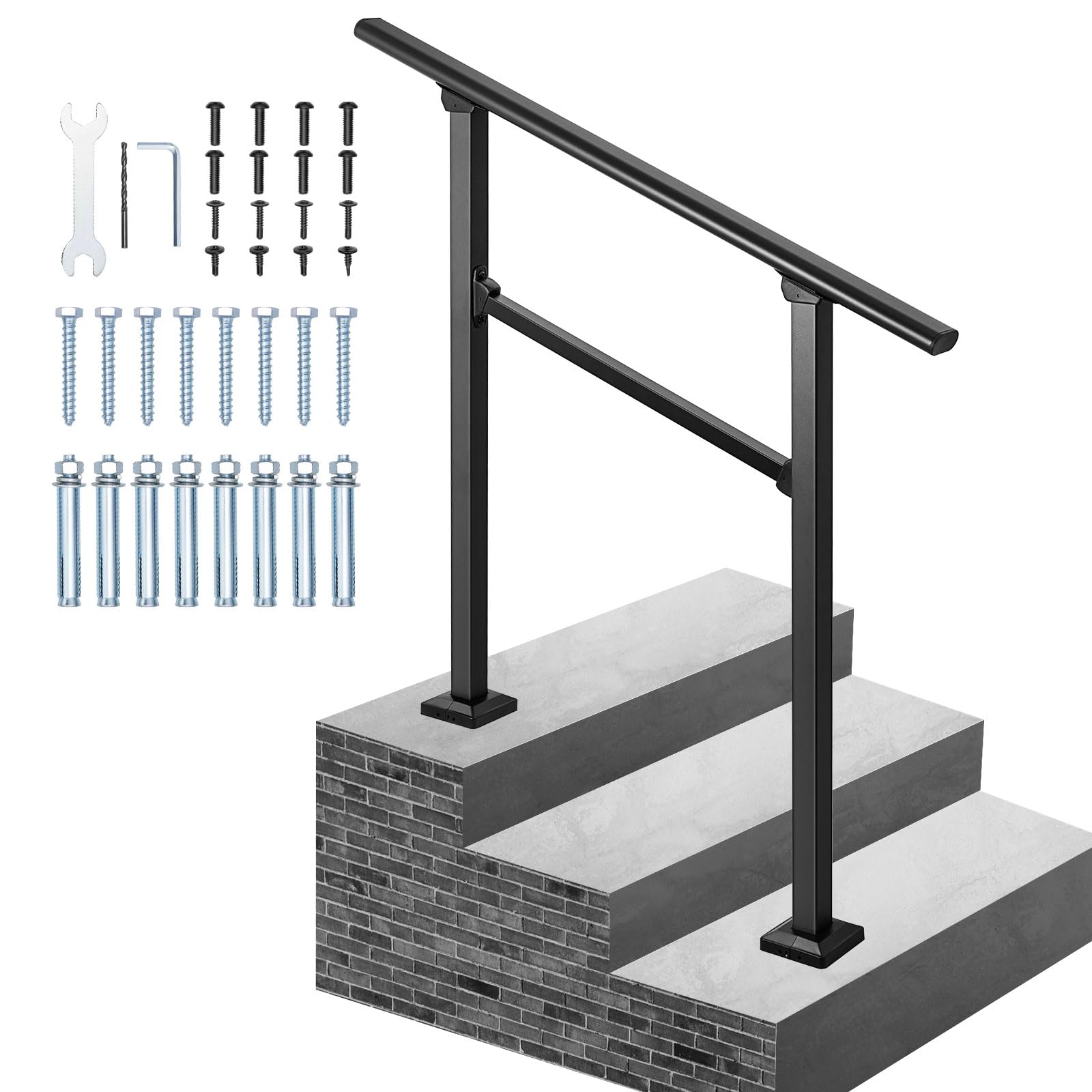 Outdoor 2-3 Steps Handrail for Outdoor Steps, Black Wrought Iron Hand Rail Stair Railing Kit for Concrete Steps, Porch Steps, Steel Stair Railing - Black Powder Coated…