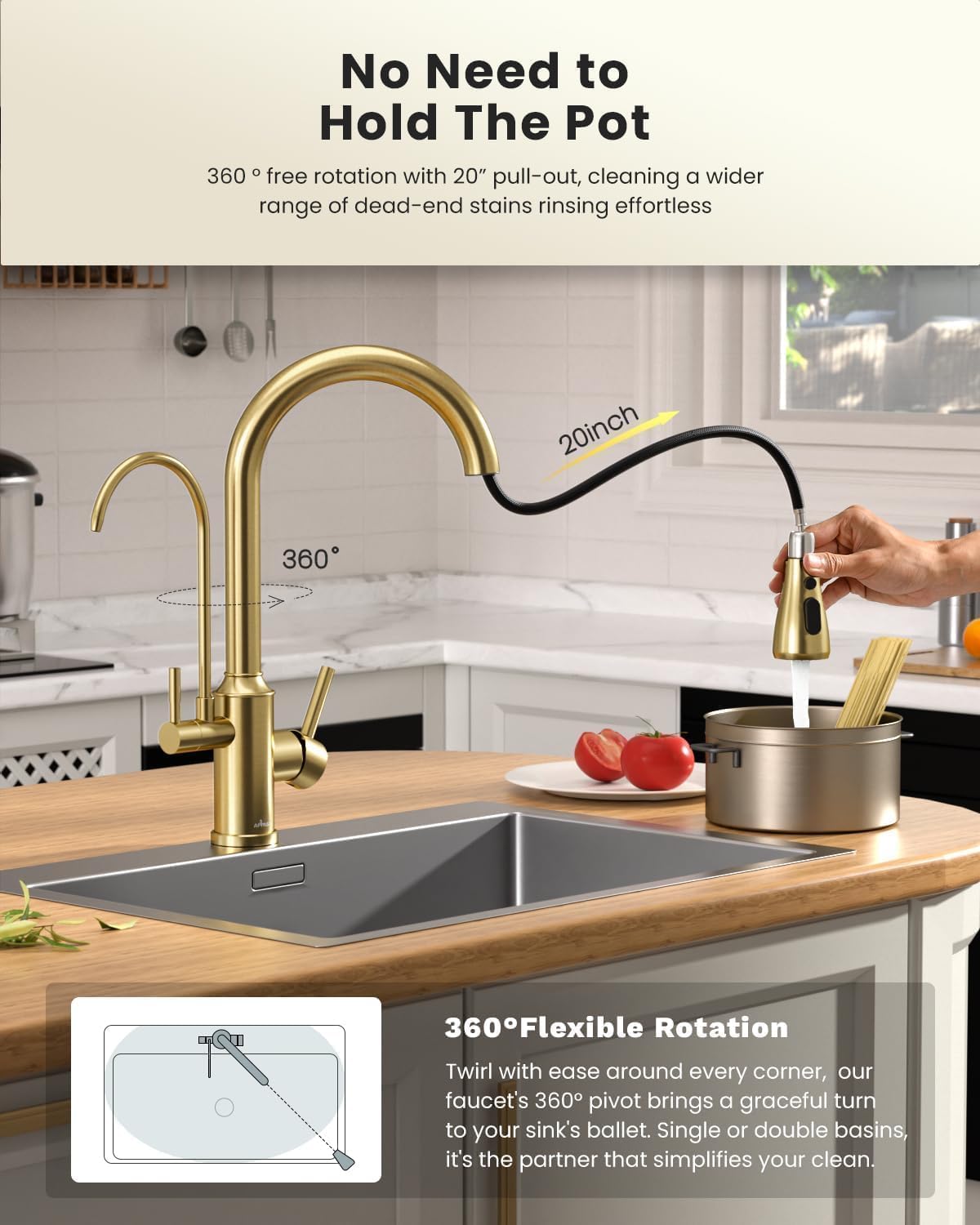 Image showing the faucet's pull-down sprayer extended, demonstrating its 20-inch reach and 360-degree swivel capability.