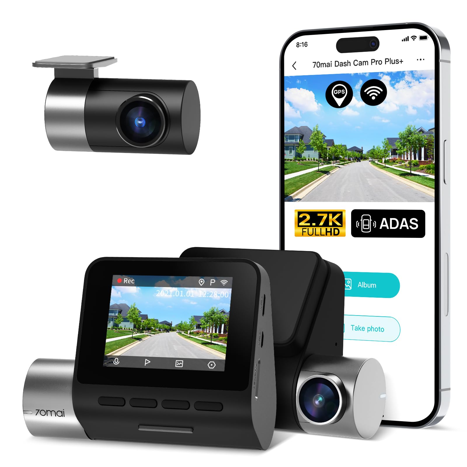 70mai2.7K Dash Cam Front and Rear A500S, Dual Dash Camera for Cars, Dashcam with APP, Sony IMX335, ADAS, Built-in WiFi GPS, 2'' IPS Screen, WDR, Night Vision, 24/7 Parking Mode, Loop Recording