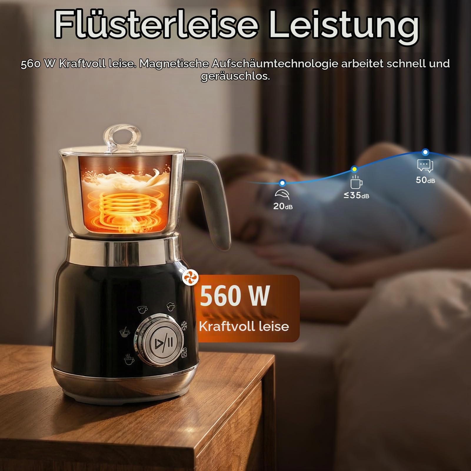 Milchaufschäumer Elektrisch, 1L 560W, 6-in-1 Milchschäumer, Spülmaschinenfest, Edelstahl 304, Automatischer Heiß- und Kalt-Schaumzubereiter und Milchwärmer für Latte,Kaffee, Schokolade