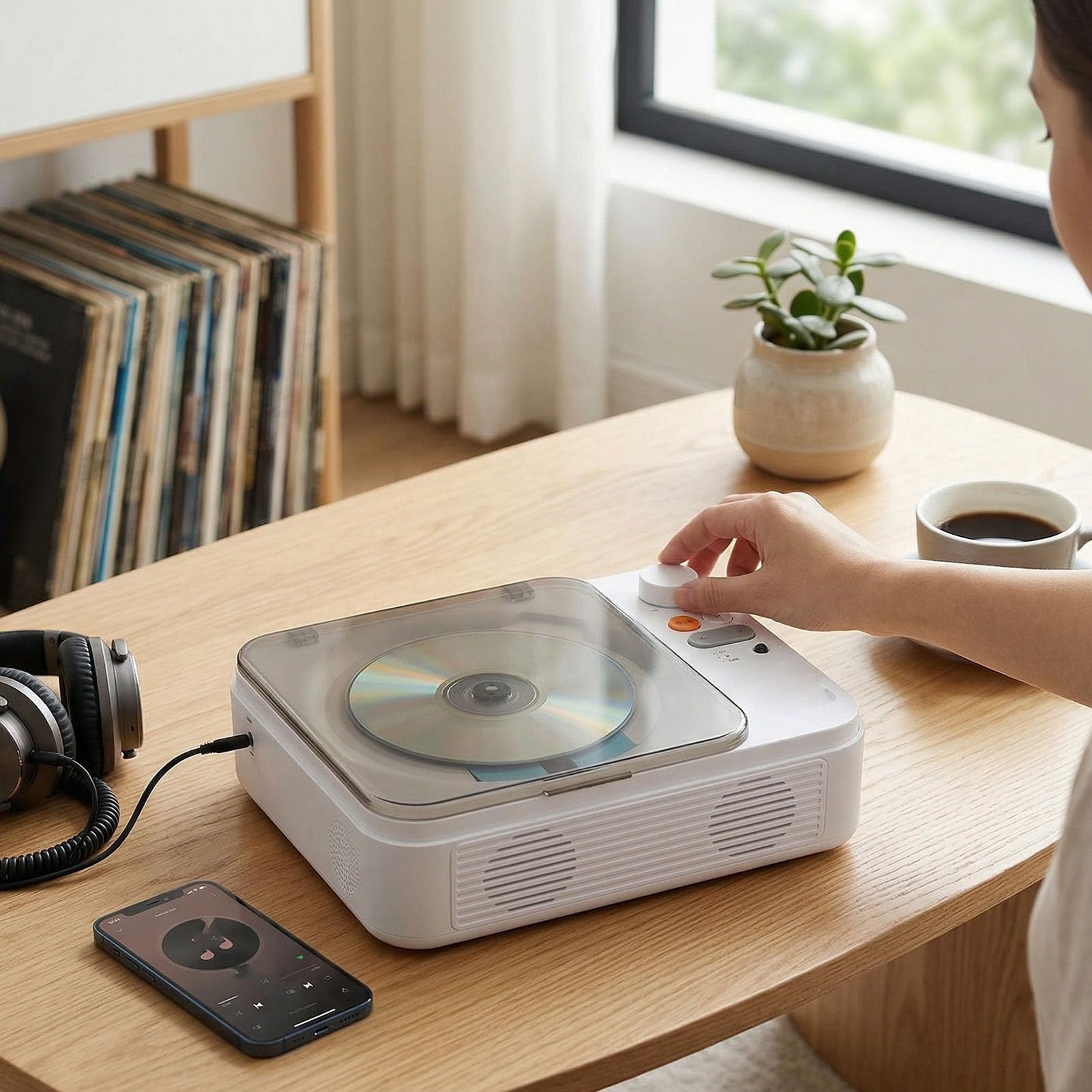 Lettore CD Bluetooth, Lettore CD Desktop retrò Portatile con Doppio Altoparlante, Personale Wireless per Casa e Ufficio, Telecomando, USB, AUX, Batteria da 2600 MAh